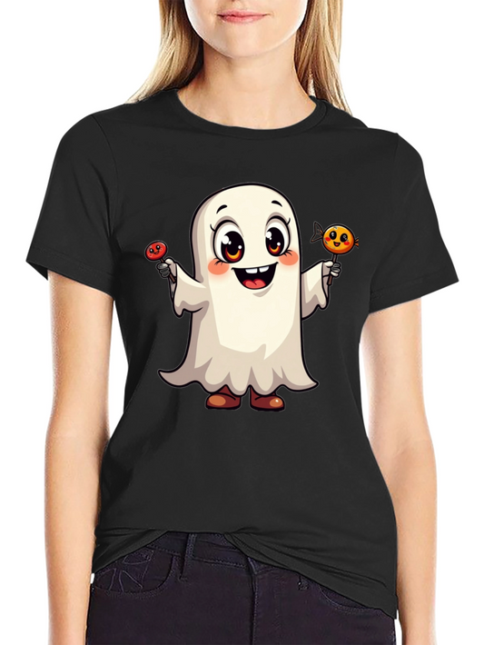 Cute Ghost with Candy Halloween Black T-Shirt