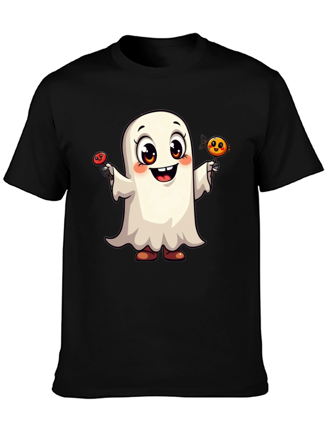 Cute Ghost with Candy Halloween Black T-Shirt