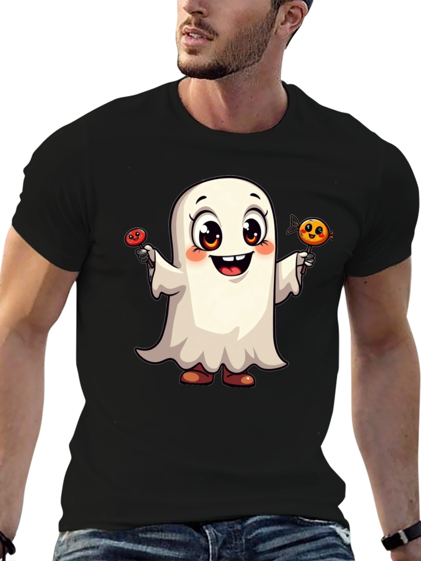 Cute Ghost with Candy Halloween Black T-Shirt
