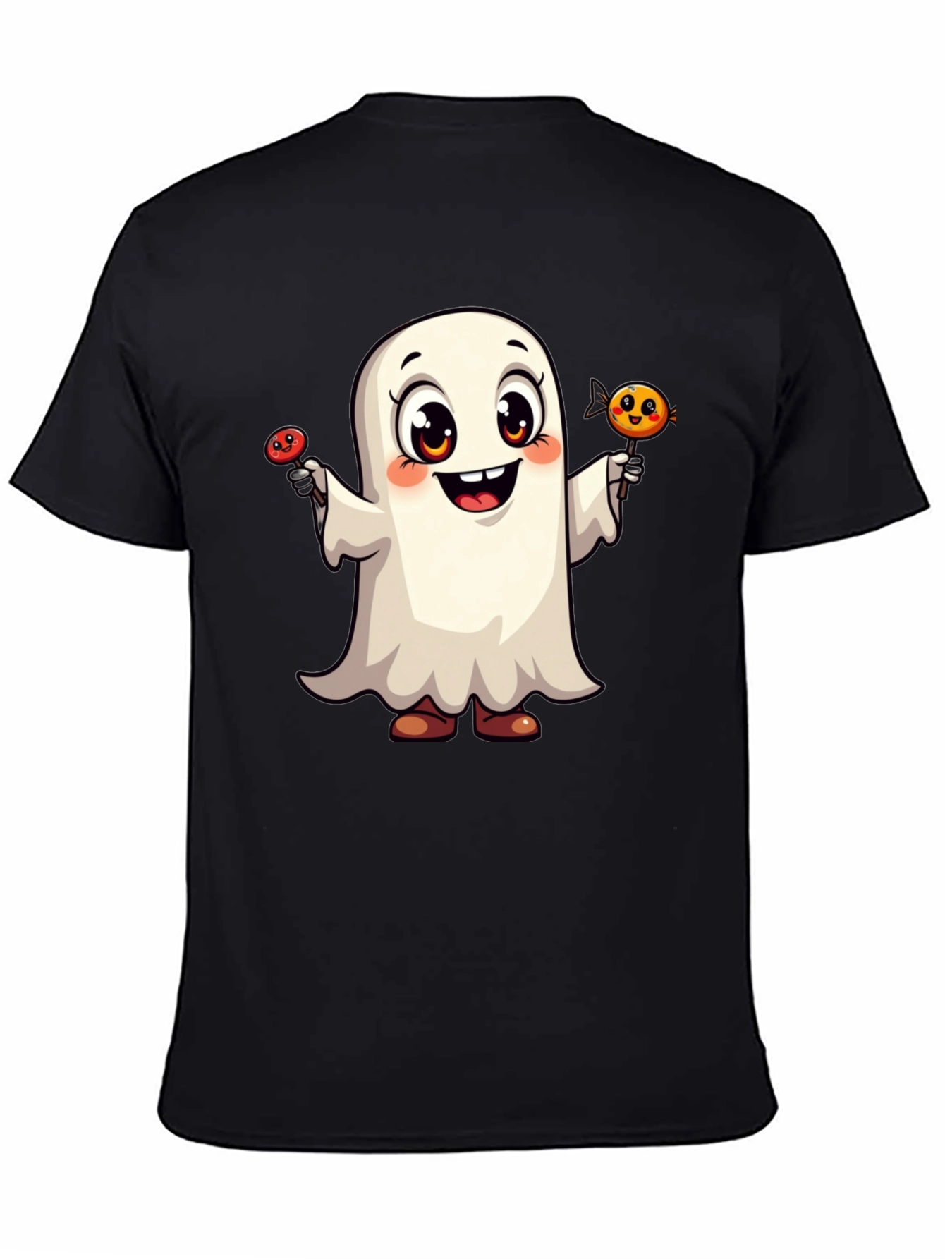 Cute Ghost with Candy Halloween Black T-Shirt