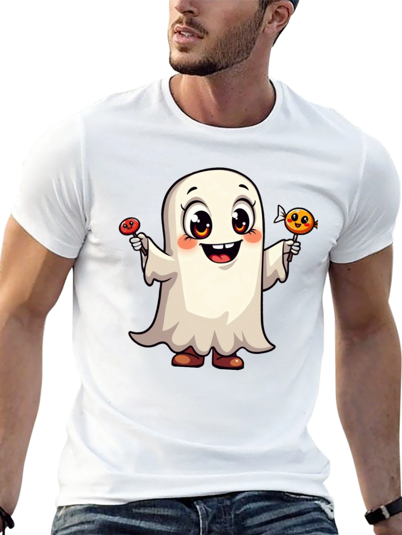 Cute Ghost with Candy Halloween Black T-Shirt