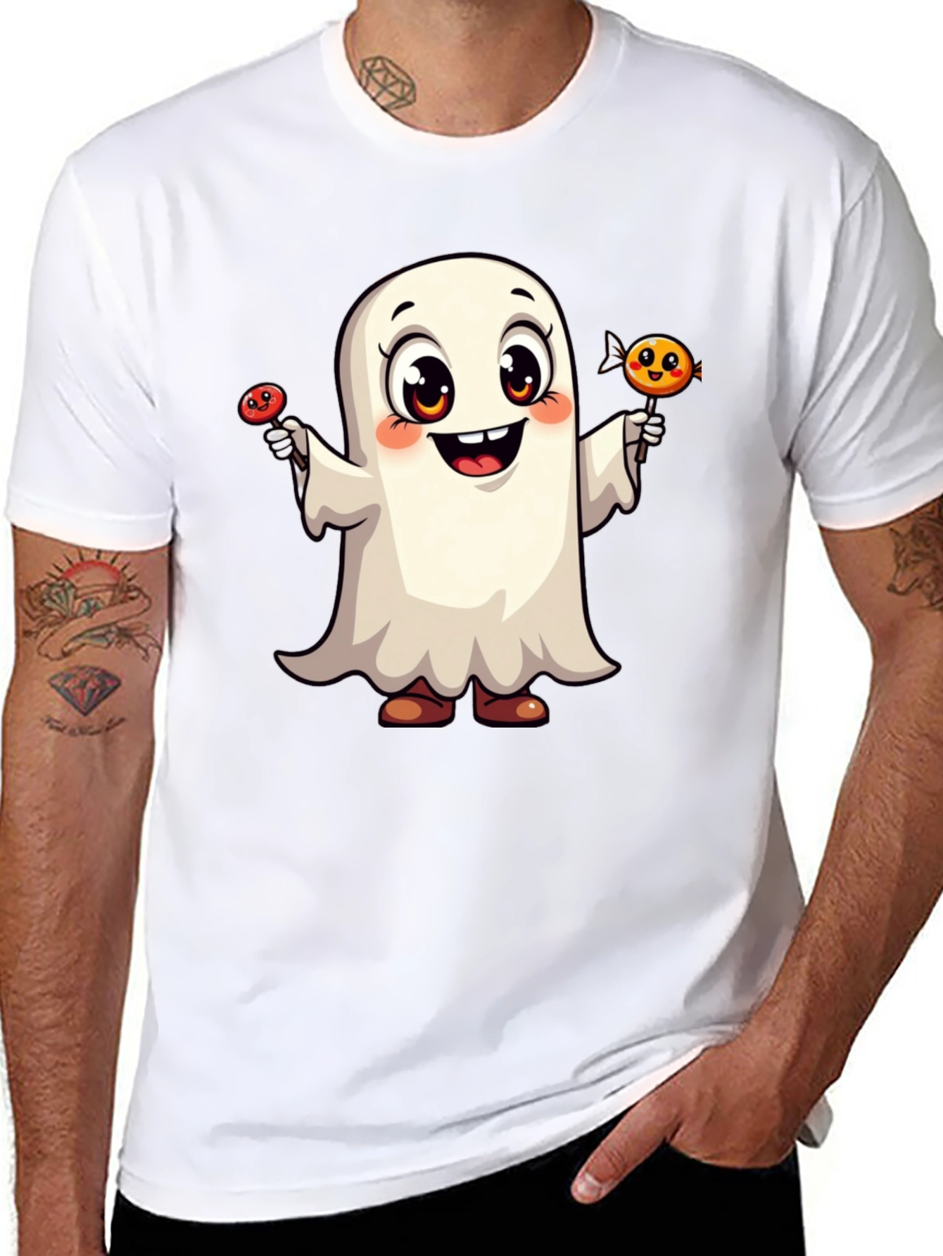Cute Ghost with Candy Halloween Black T-Shirt