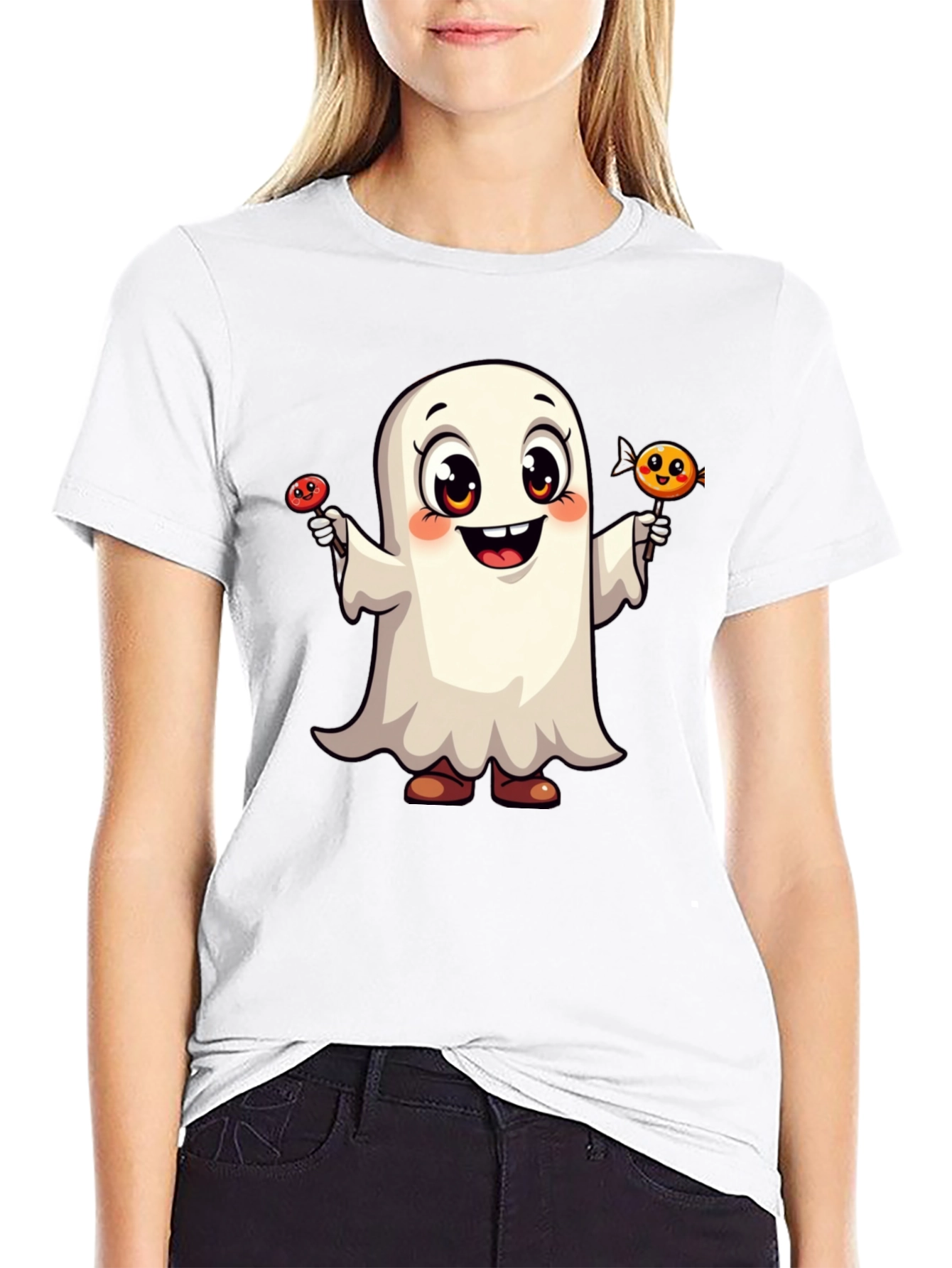 Cute Ghost with Candy Halloween Black T-Shirt