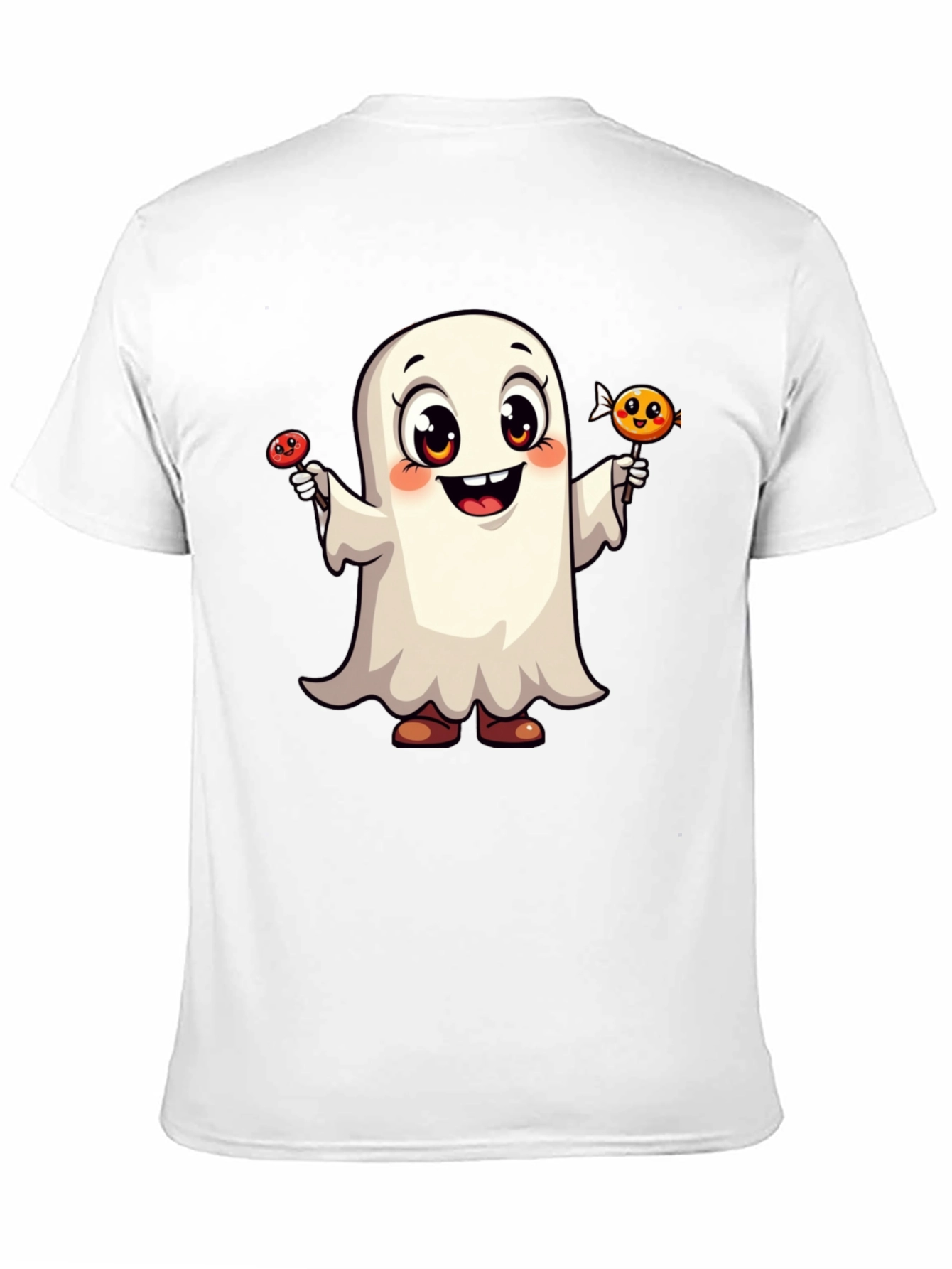 Cute Ghost with Candy Halloween Black T-Shirt