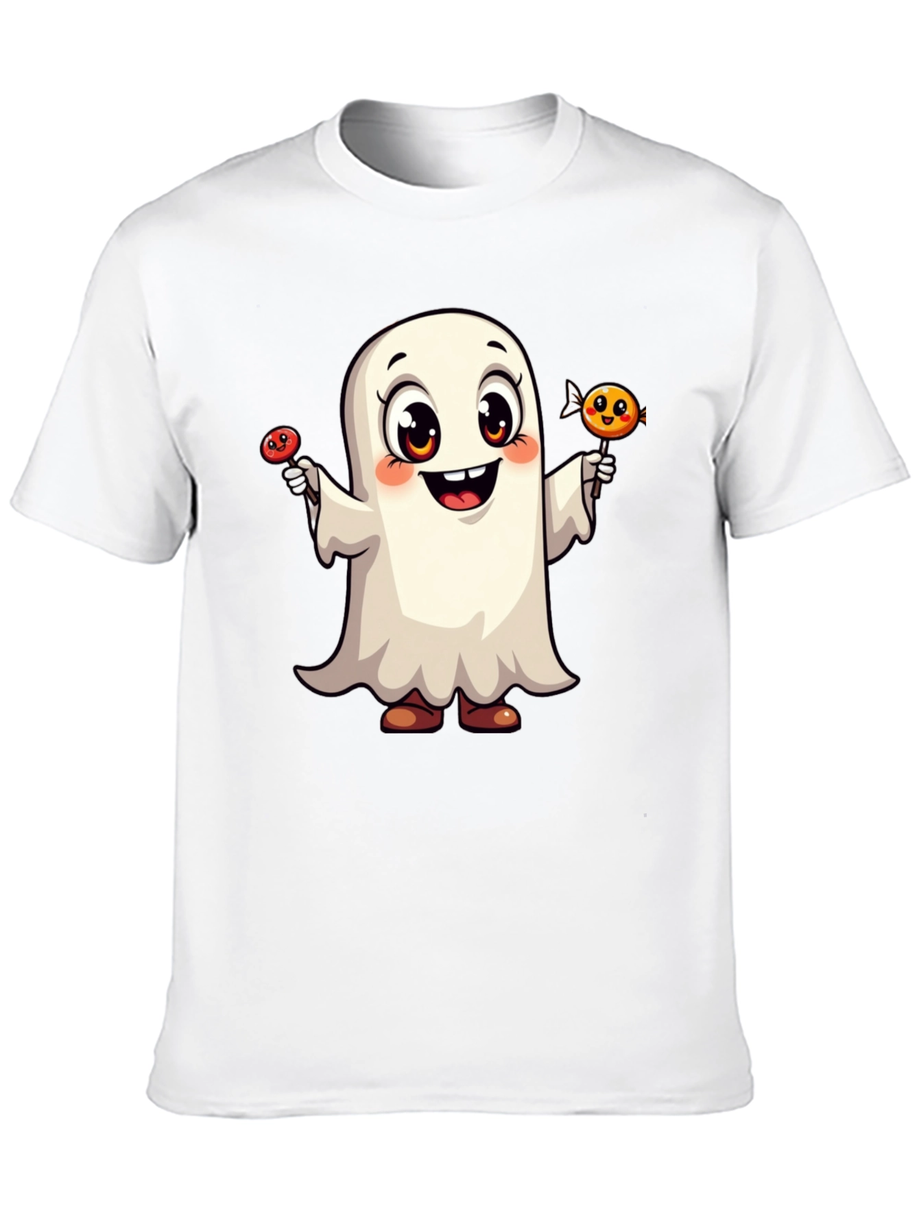 Cute Ghost with Candy Halloween Black T-Shirt