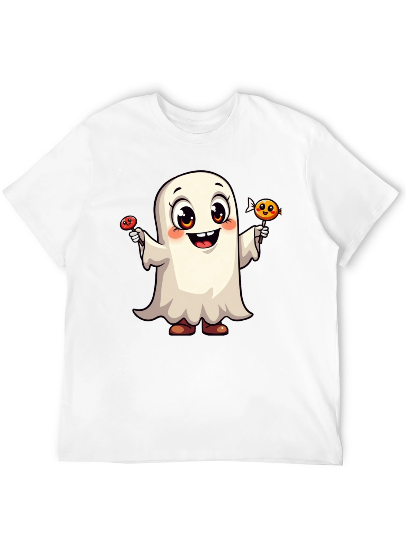 Cute Ghost with Candy Halloween Black T-Shirt