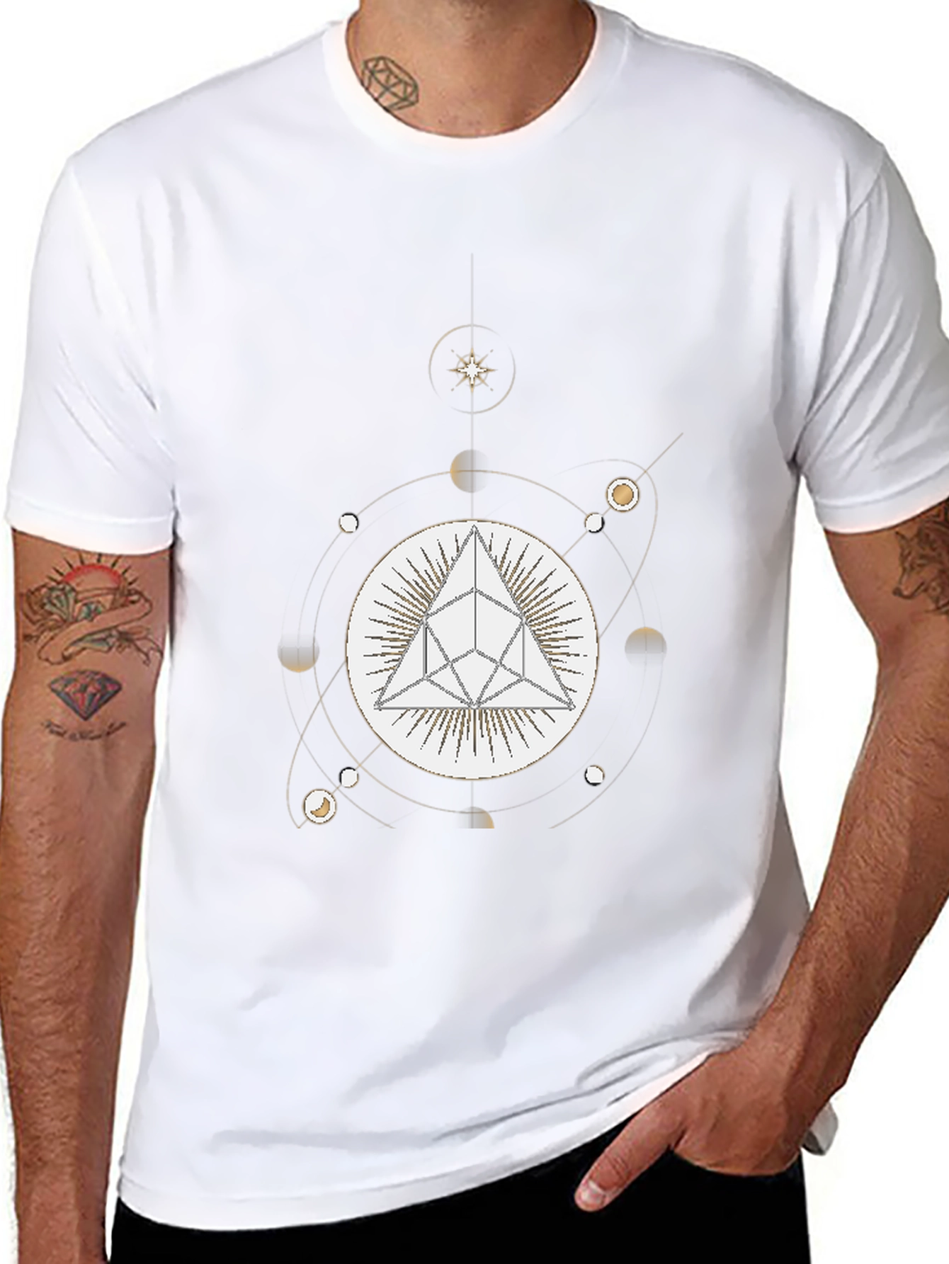 Geometric Pyramid and Celestial Black T-Shirt