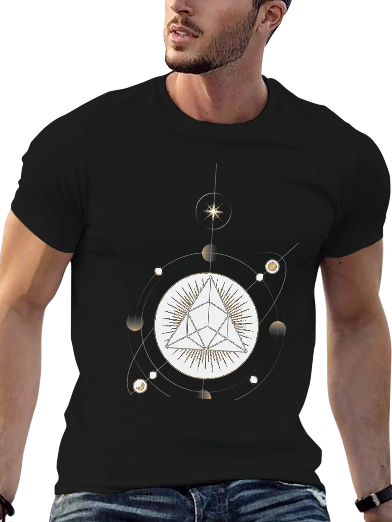 Geometric Pyramid and Celestial Black T-Shirt