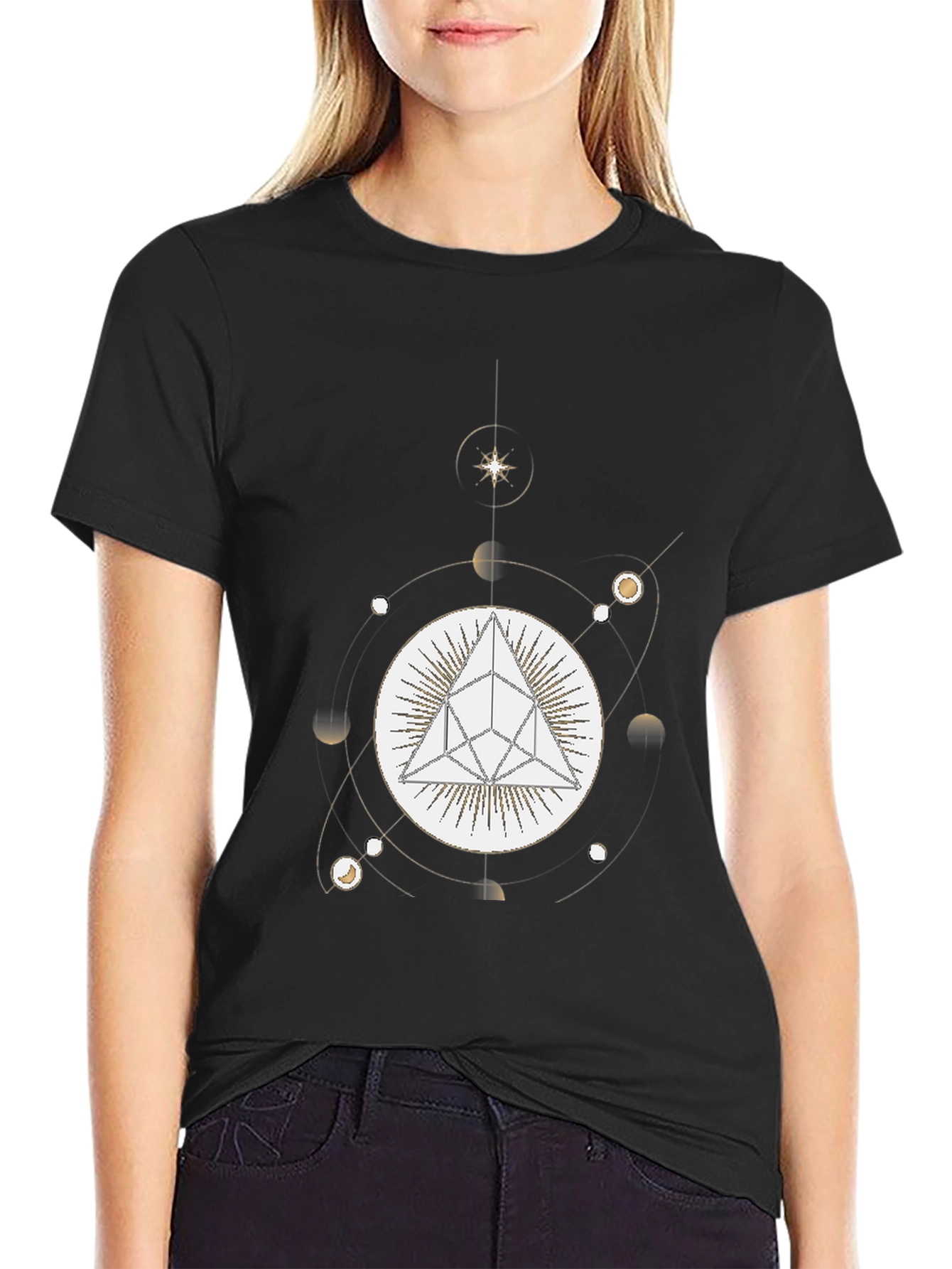 Geometric Pyramid and Celestial Black T-Shirt