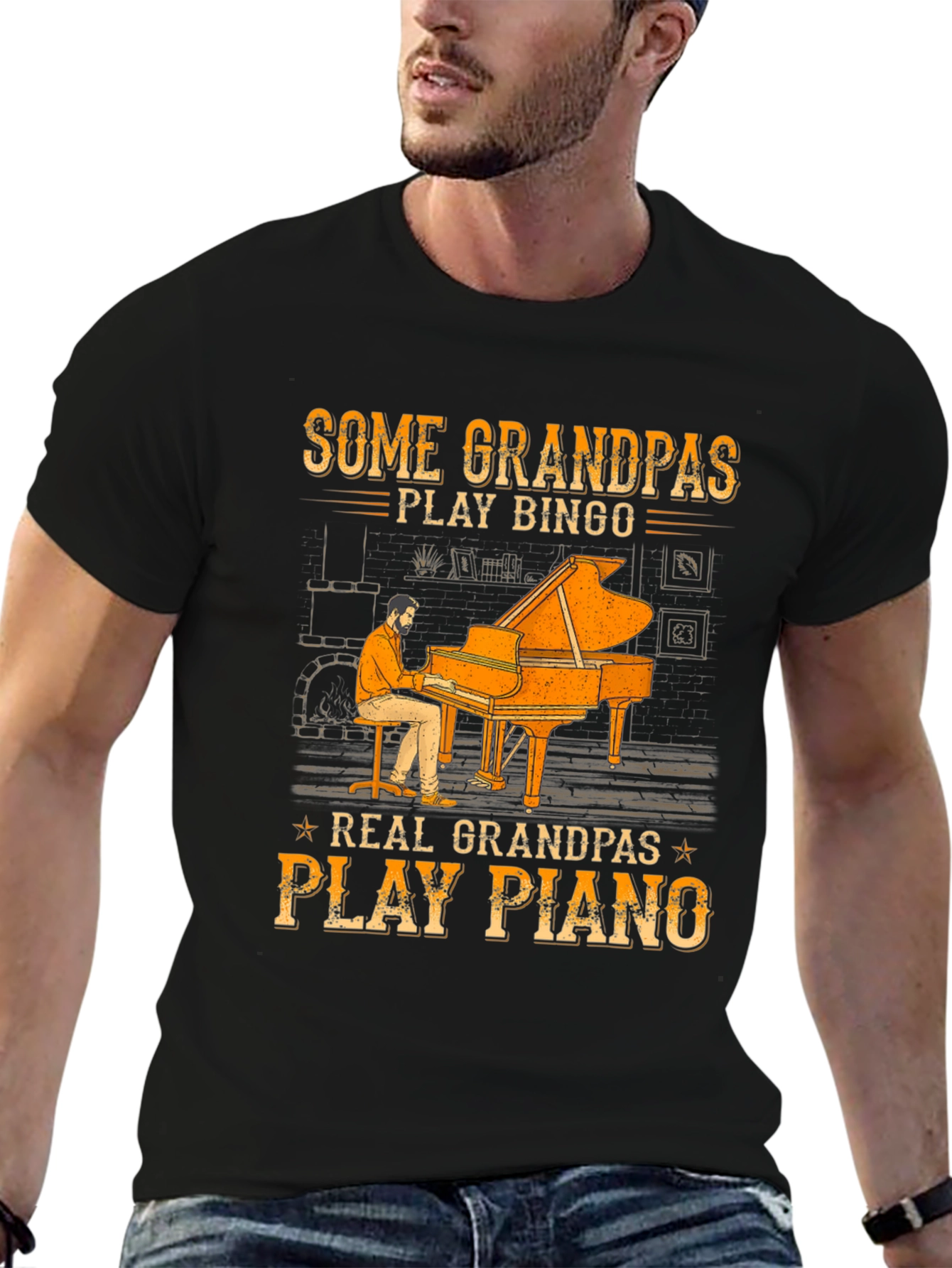 Grandpa Piano Player Graphic Tee - Cool Grandparent Gift