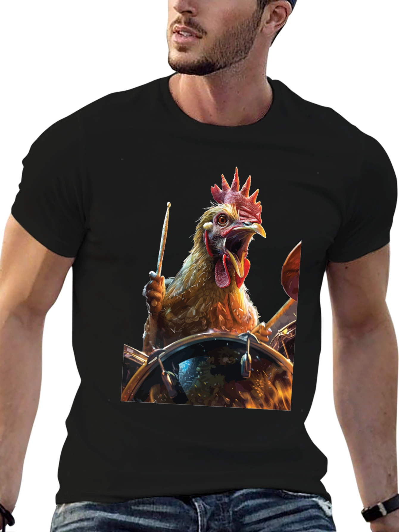 Drummer Chicken T-Shirt - Black Cotton Tee