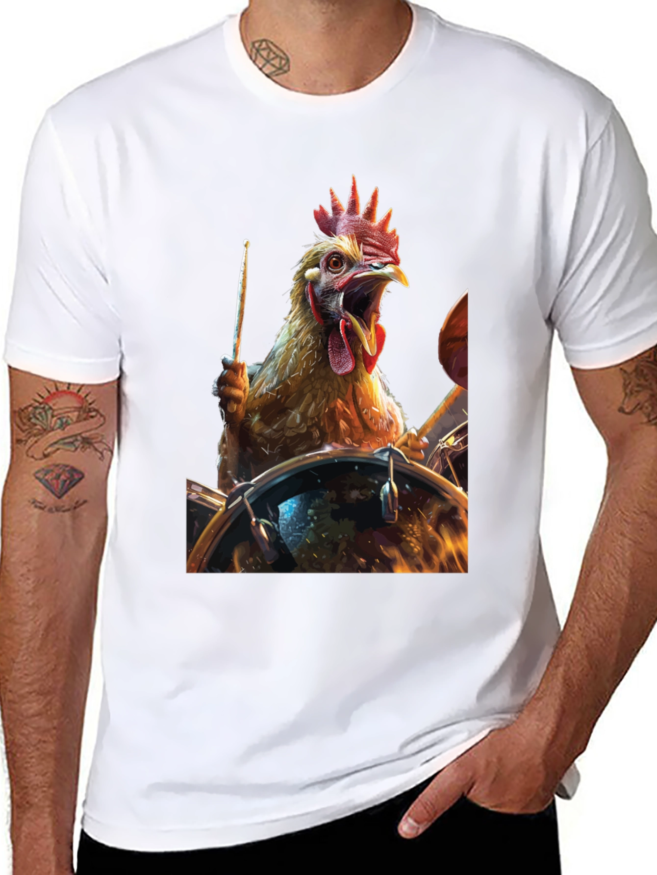 Drummer Chicken T-Shirt - Black Cotton Tee