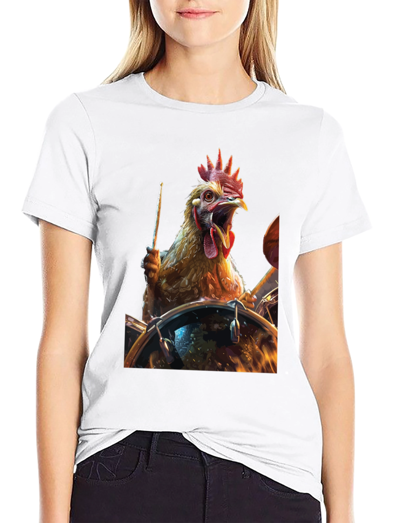 Drummer Chicken T-Shirt - Black Cotton Tee