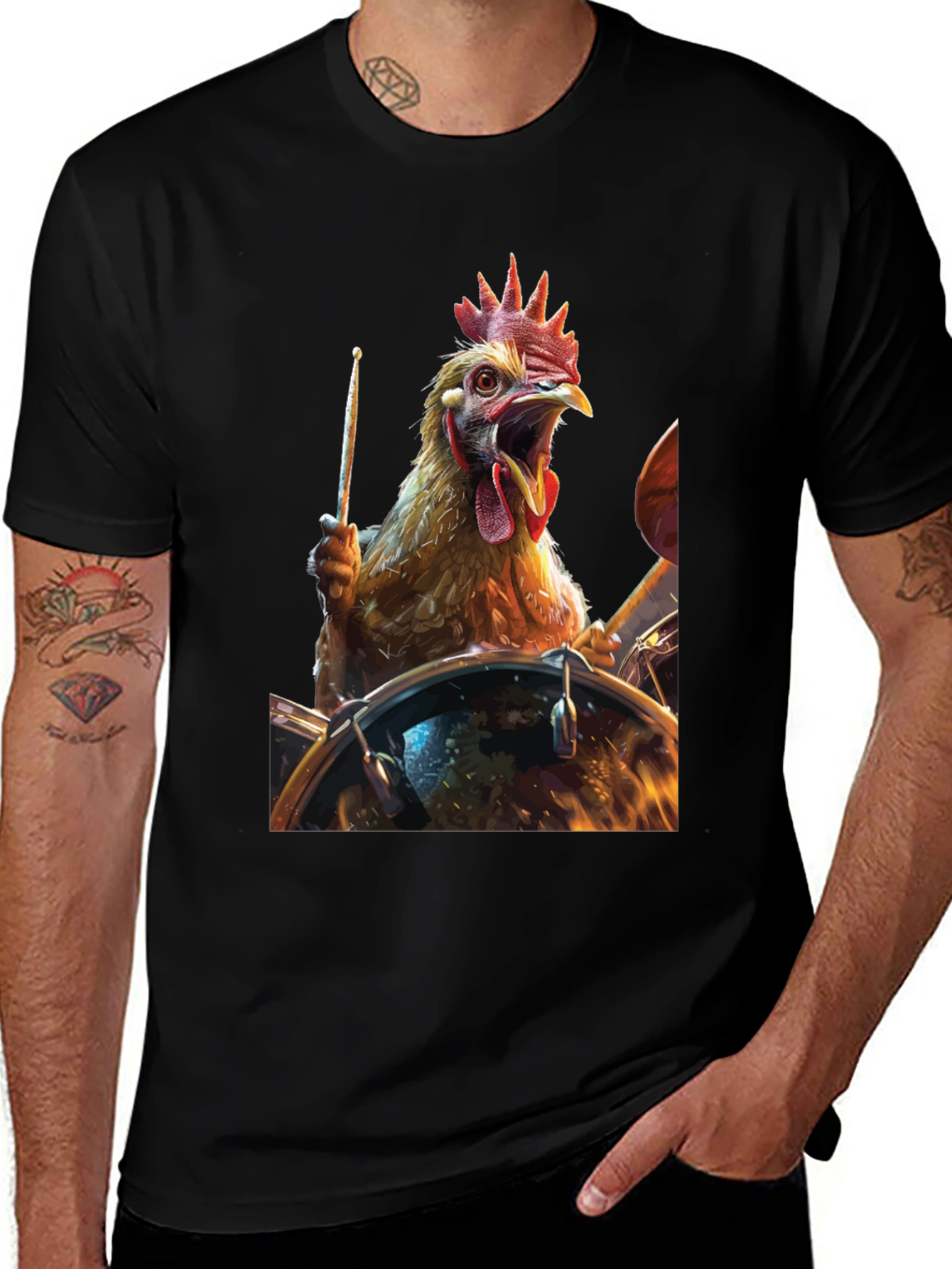 Drummer Chicken T-Shirt - Black Cotton Tee