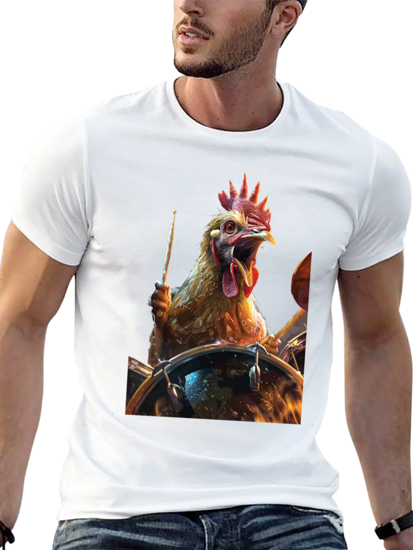 Drummer Chicken T-Shirt - Black Cotton Tee