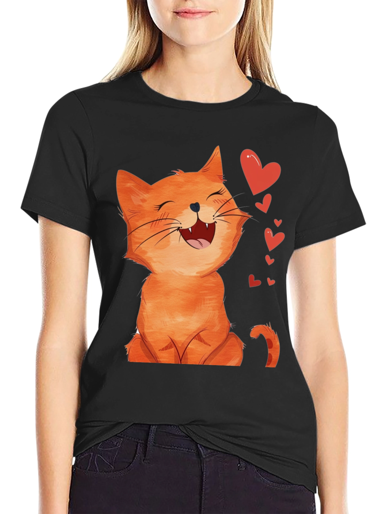 Cute Cartoon Cat Black T-Shirt