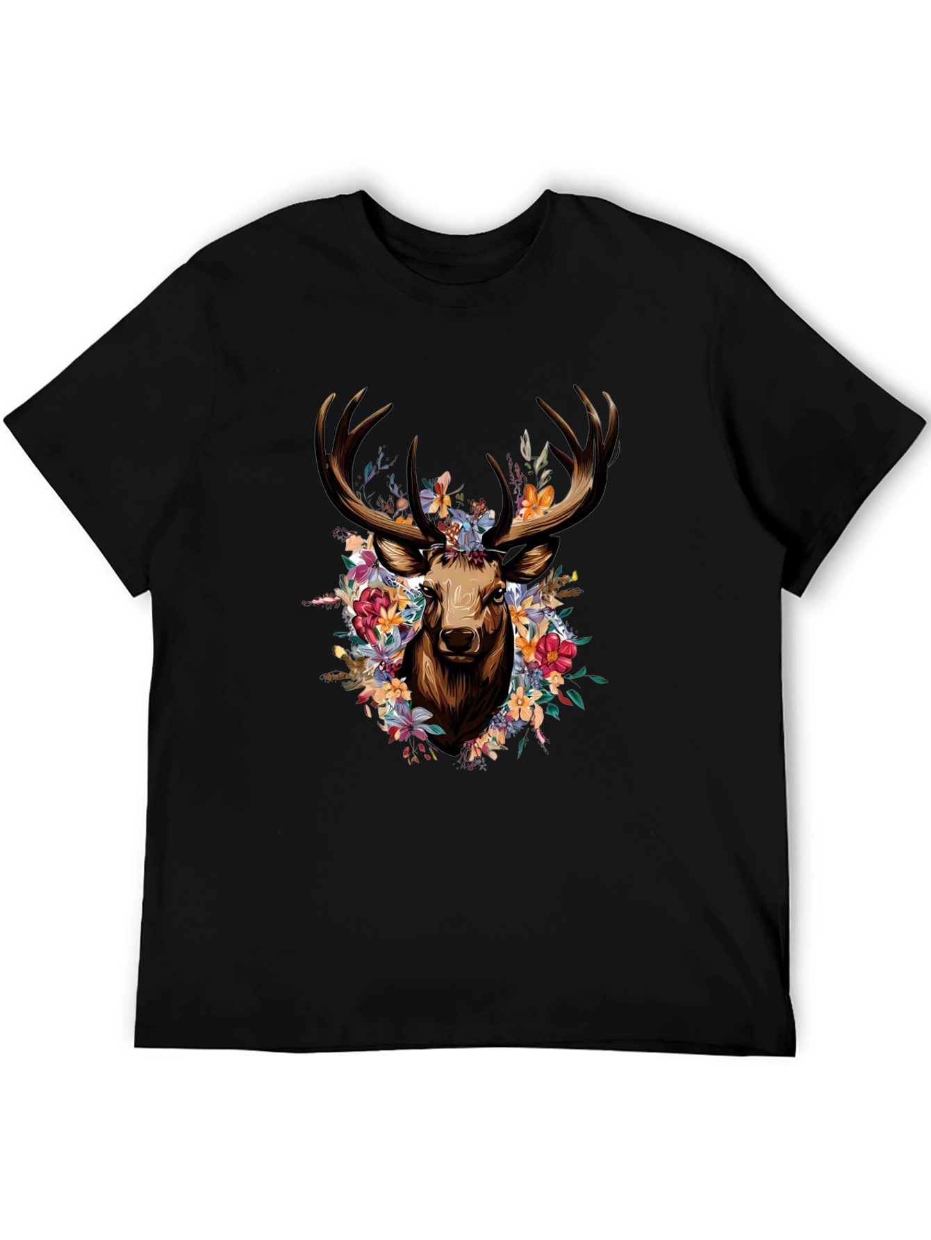 Floral Deer Graphic Tee - Stylish Black T-Shirt