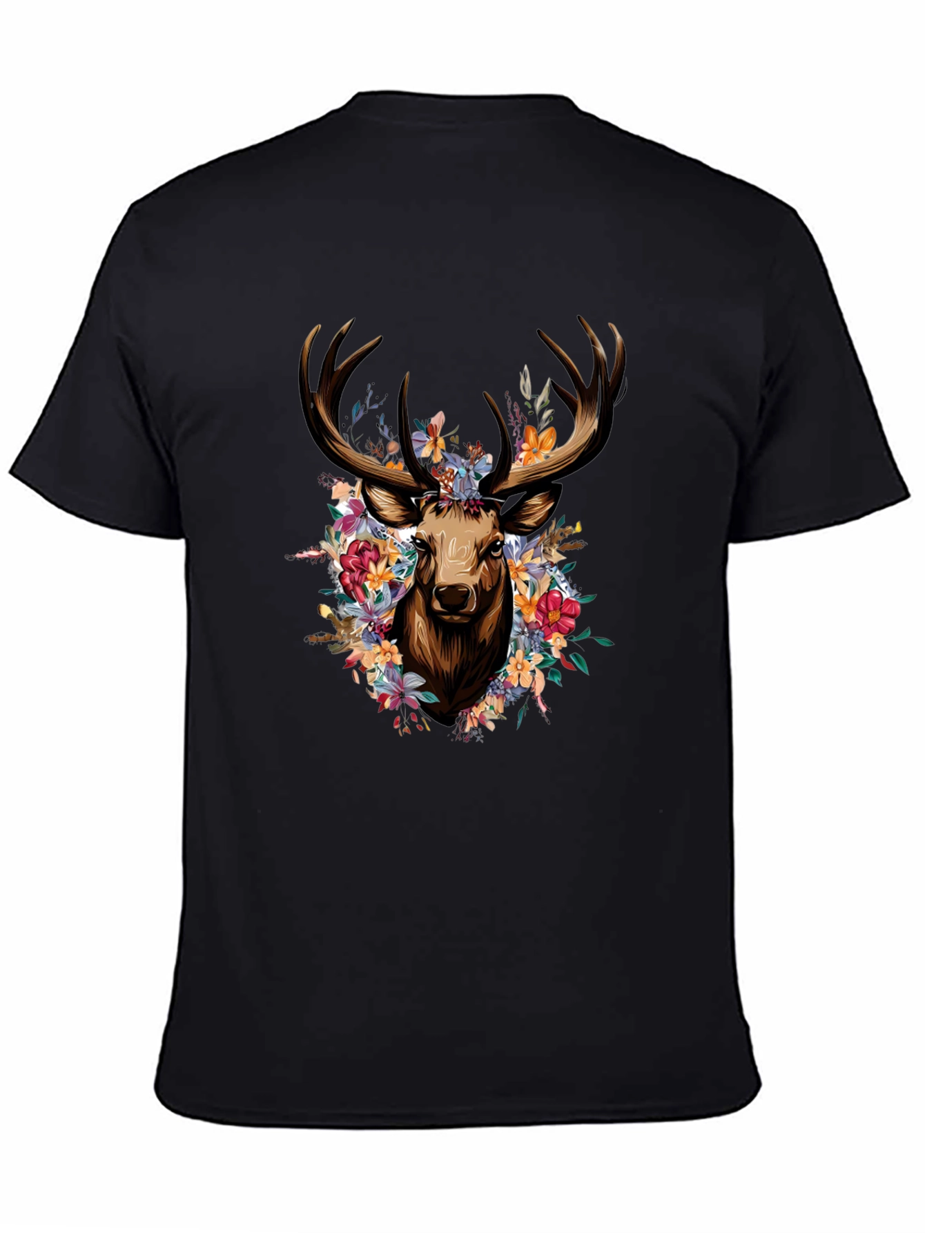 Floral Deer Graphic Tee - Stylish Black T-Shirt