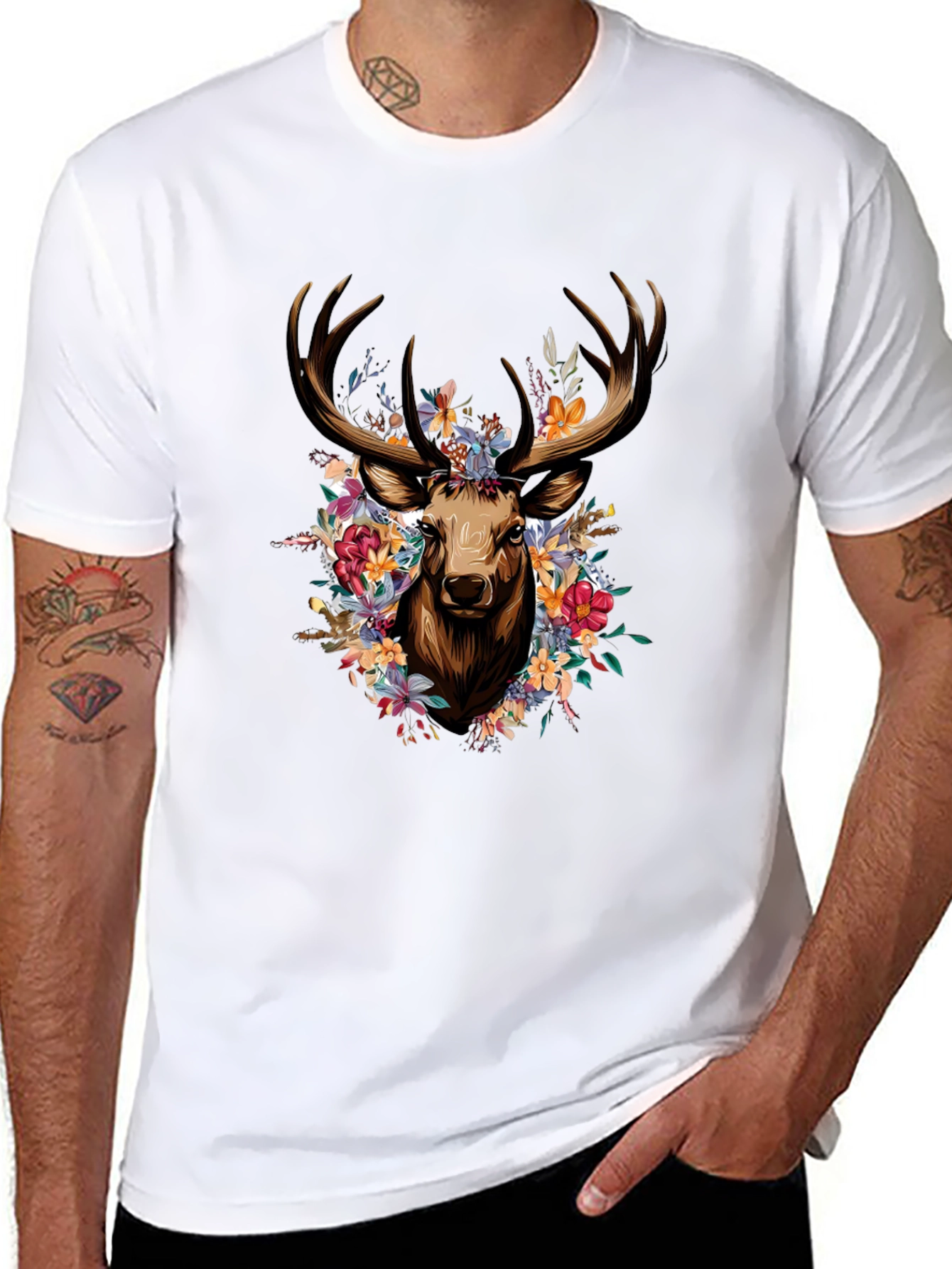 Floral Deer Graphic Tee - Stylish Black T-Shirt
