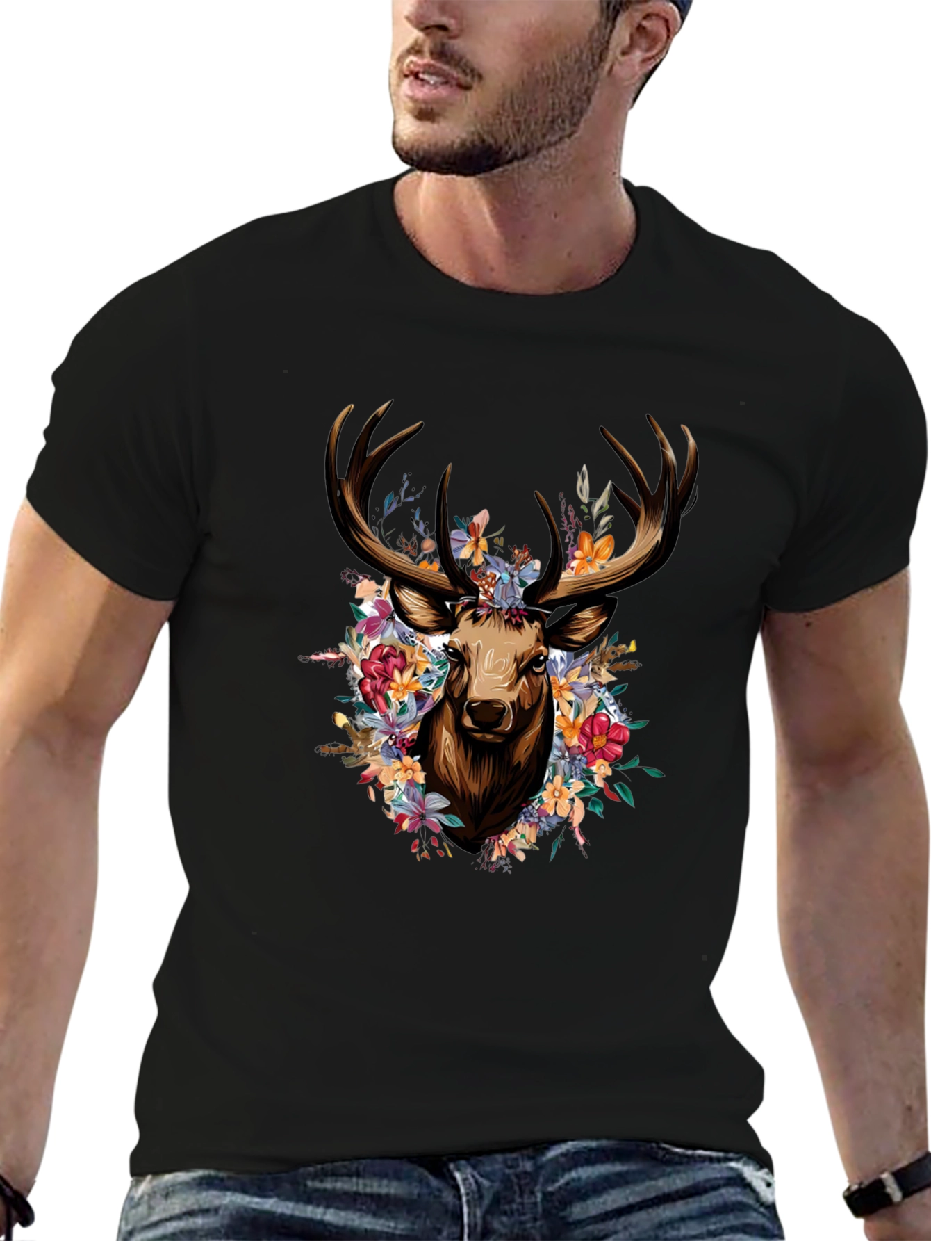 Floral Deer Graphic Tee - Stylish Black T-Shirt