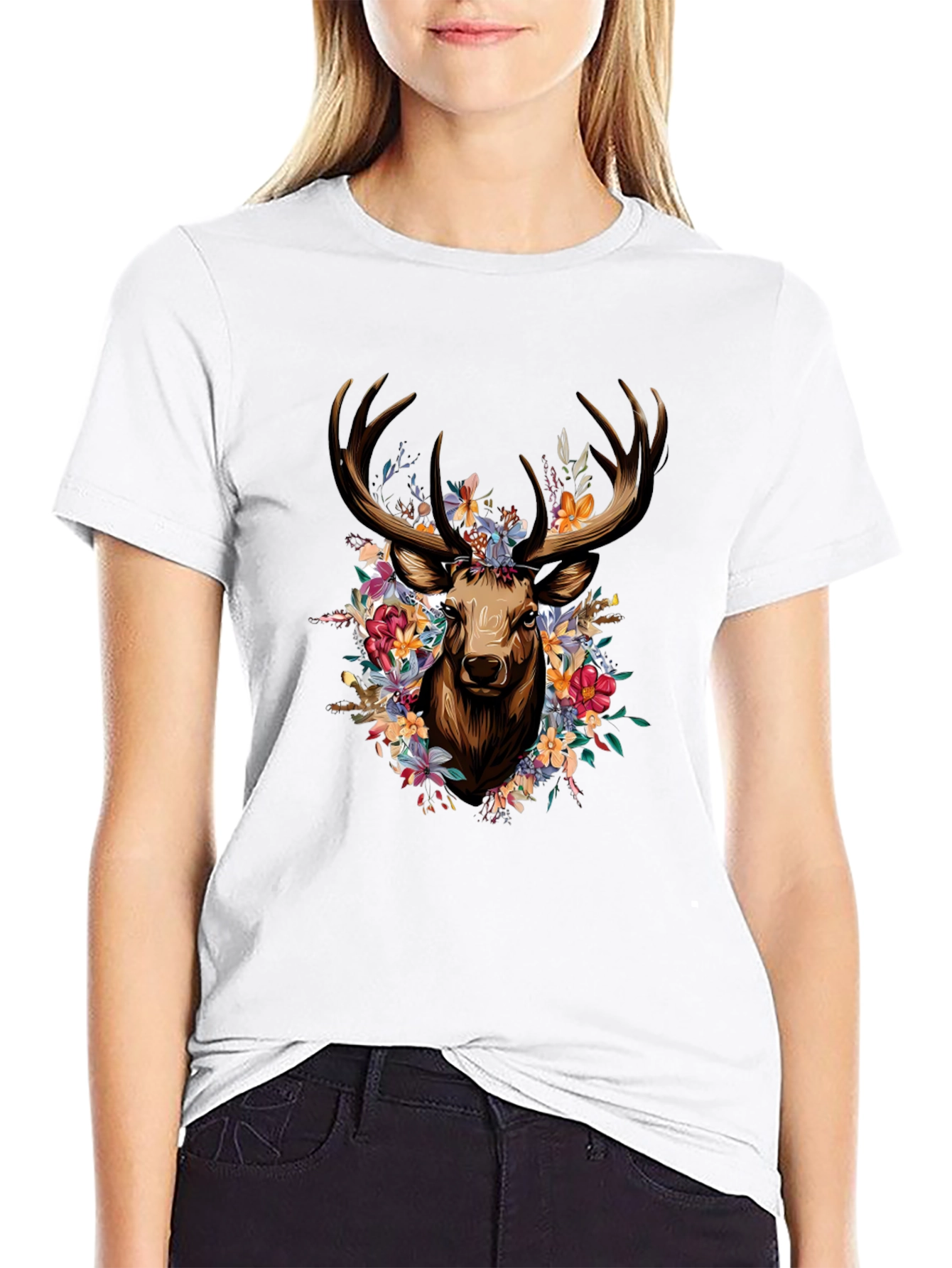Floral Deer Graphic Tee - Stylish Black T-Shirt