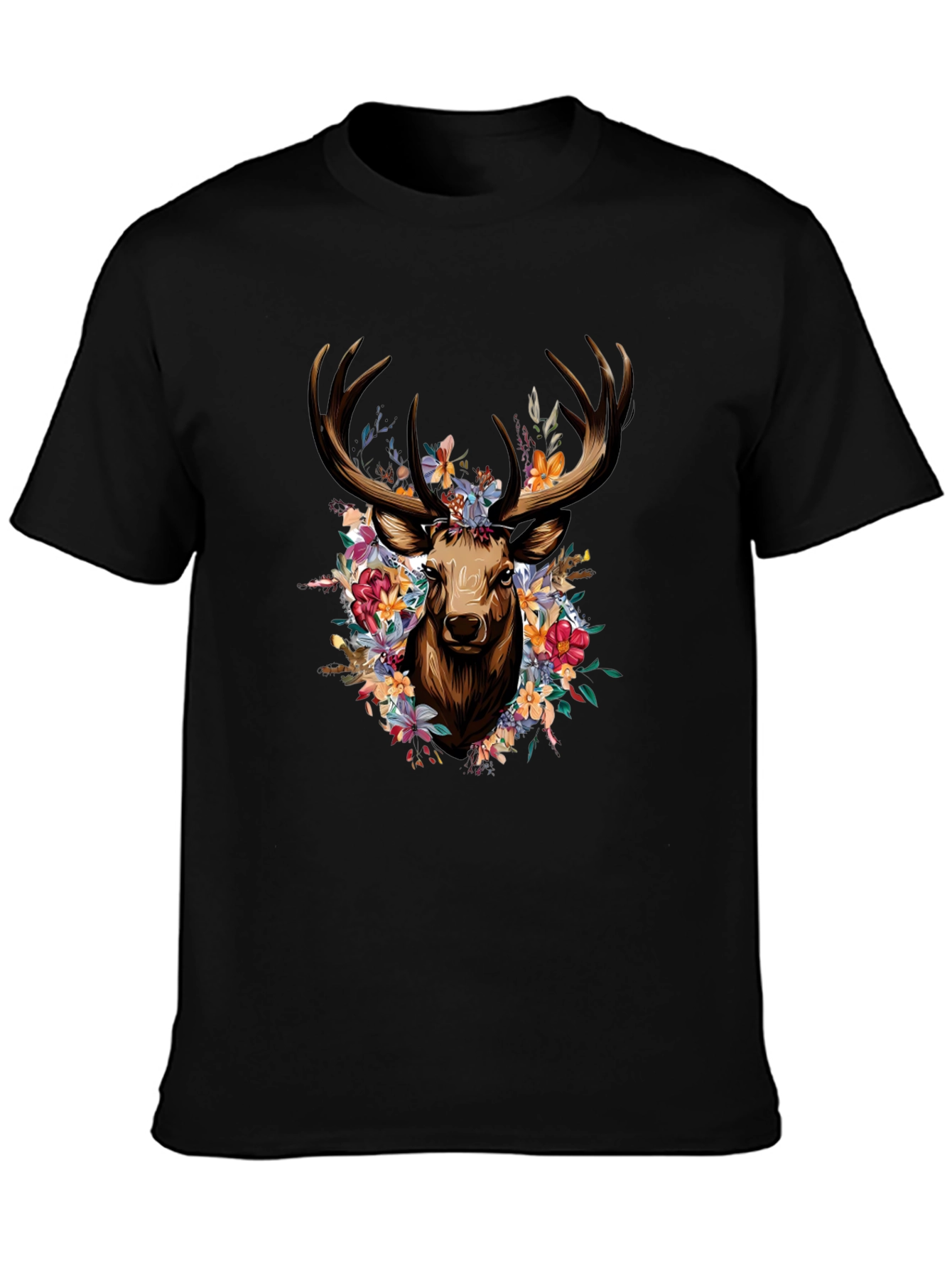 Floral Deer Graphic Tee - Stylish Black T-Shirt