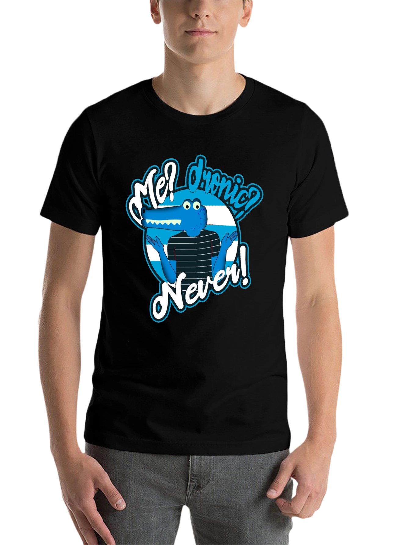 Funny Cartoon Alligator T-Shirt - Me? Dronic? Never!