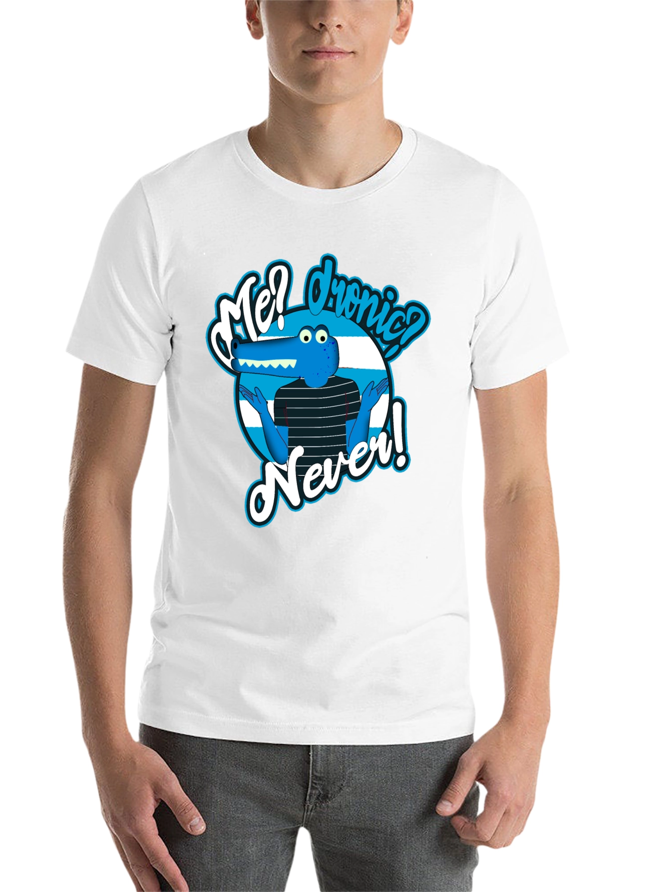 Funny Cartoon Alligator T-Shirt - Me? Dronic? Never!