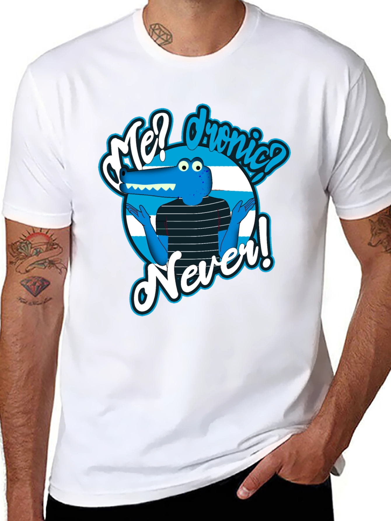 Funny Cartoon Alligator T-Shirt - Me? Dronic? Never!