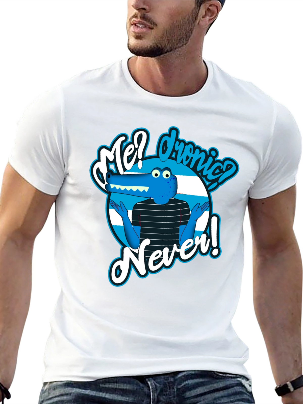 Funny Cartoon Alligator T-Shirt - Me? Dronic? Never!