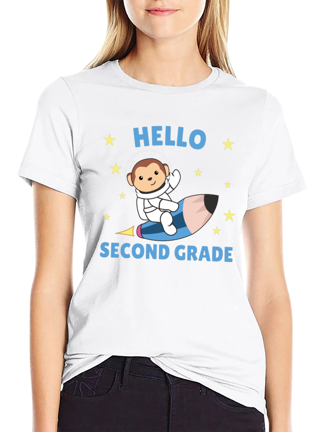 Hello Second Grade T-Shirt - Monkey Astronaut Pencil Rocket