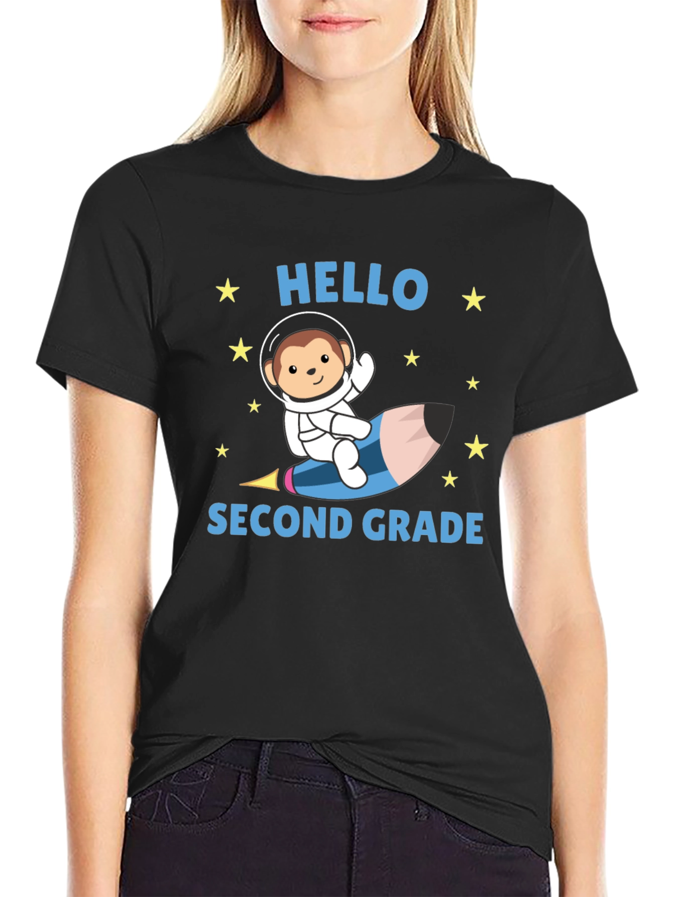Hello Second Grade T-Shirt - Monkey Astronaut Pencil Rocket