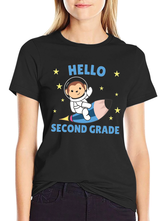 Hello Second Grade T-Shirt - Monkey Astronaut Pencil Rocket