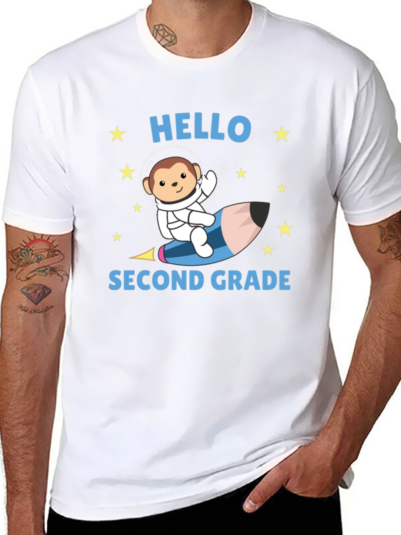 Hello Second Grade T-Shirt - Monkey Astronaut Pencil Rocket