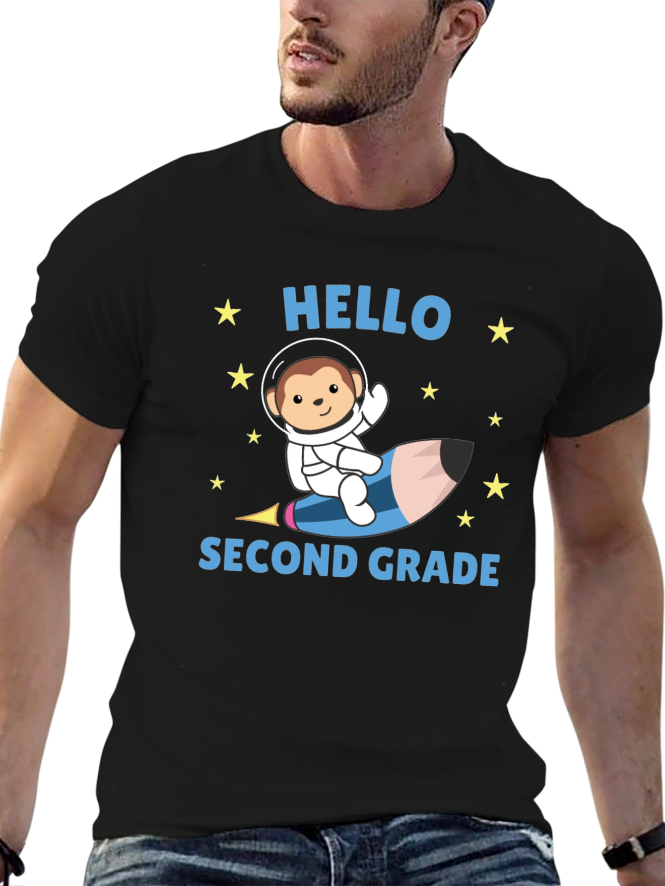 Hello Second Grade T-Shirt - Monkey Astronaut Pencil Rocket