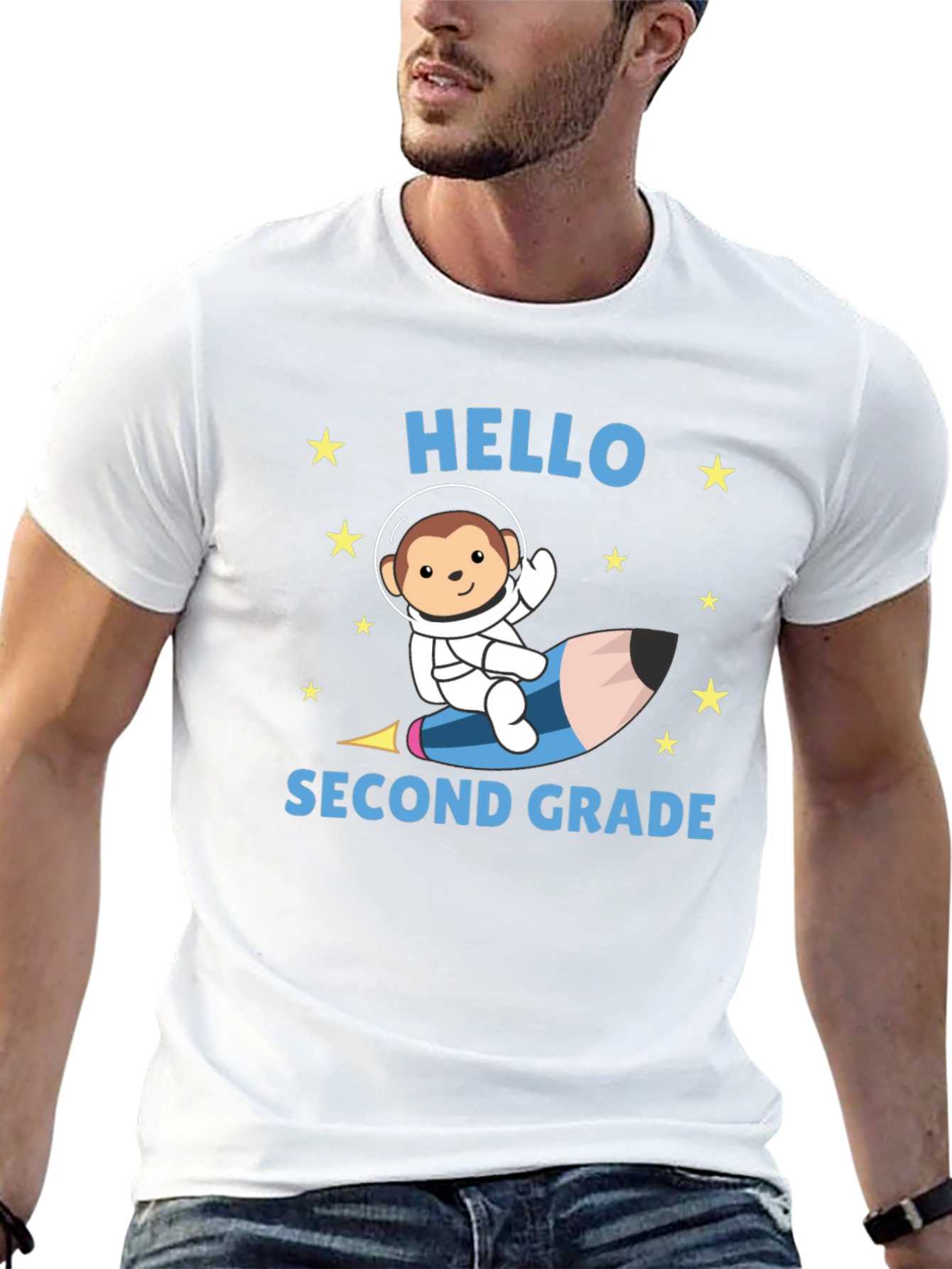 Hello Second Grade T-Shirt - Monkey Astronaut Pencil Rocket