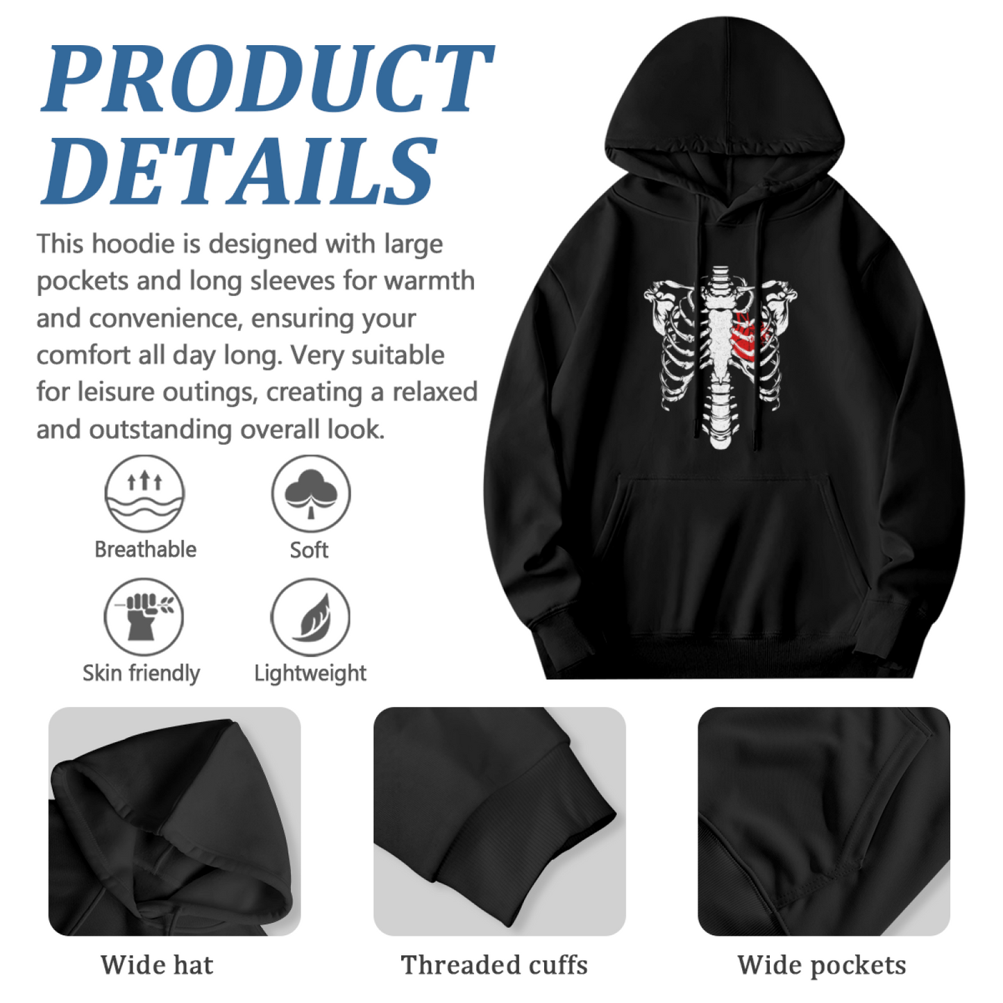 Skeleton Ribcage Red Heart Gothic Hoodie, Soft Dark Aesthetic Fit