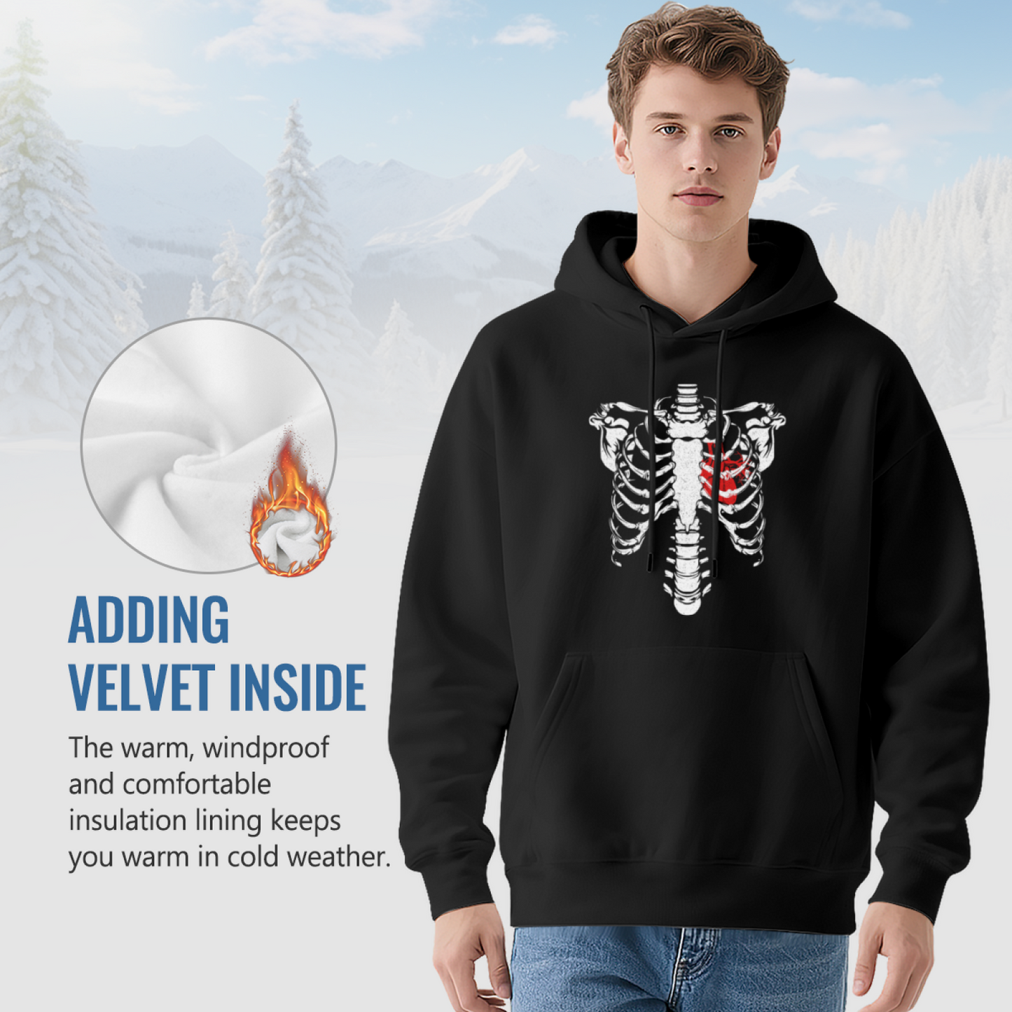 Skeleton Ribcage Red Heart Gothic Hoodie, Soft Dark Aesthetic Fit
