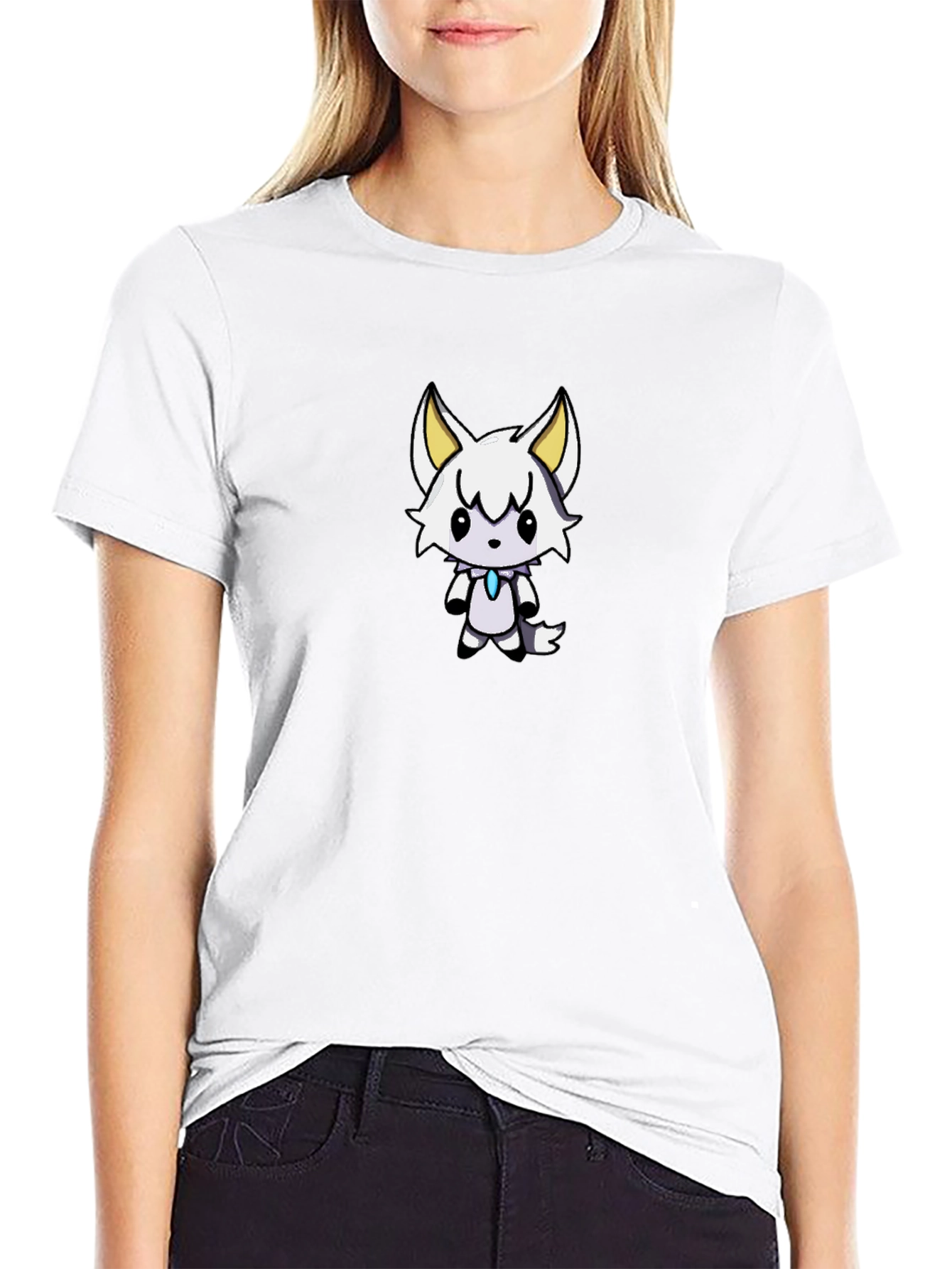 Cute White Wolf Graphic Black T-Shirt