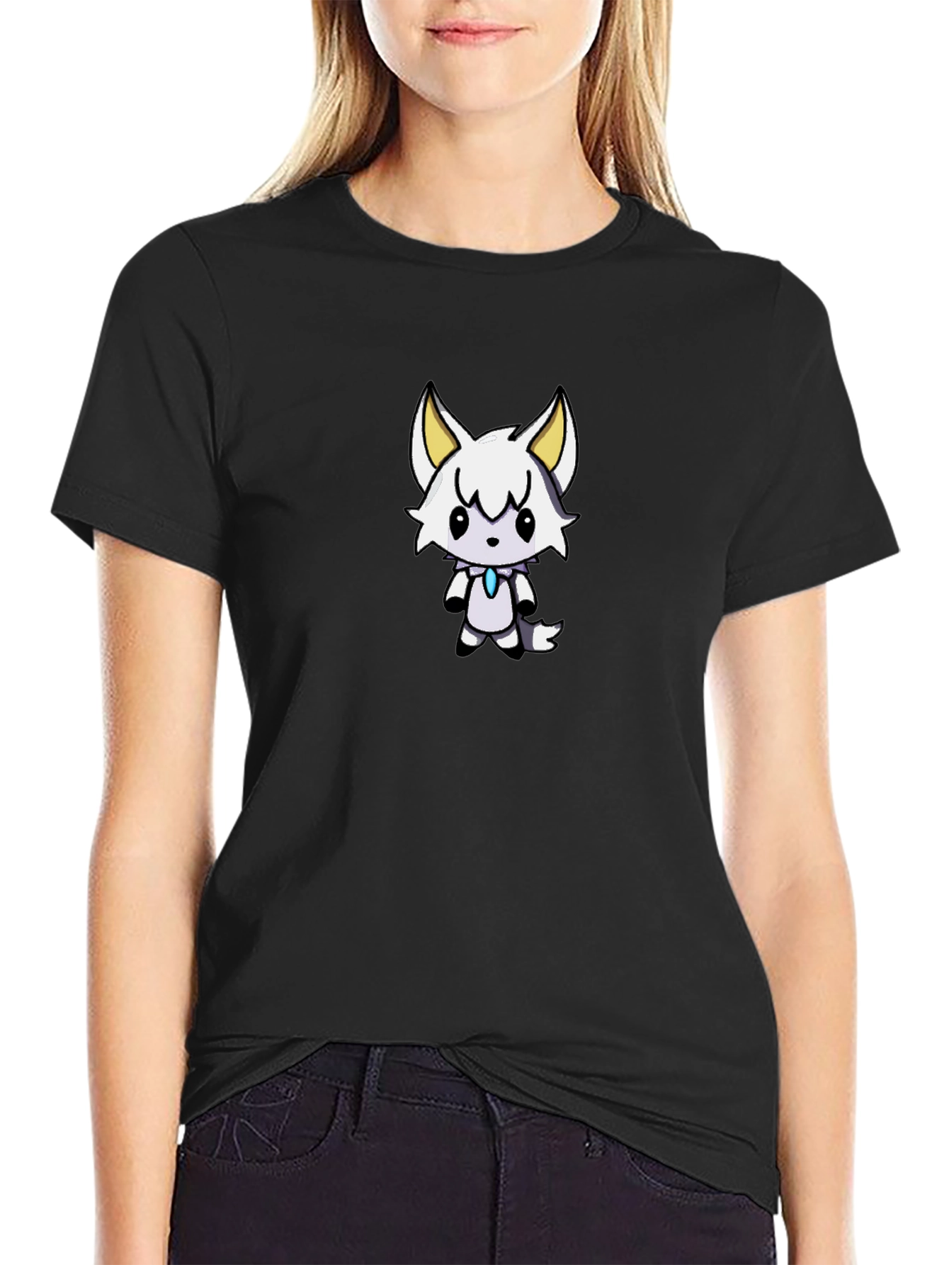Cute White Wolf Graphic Black T-Shirt
