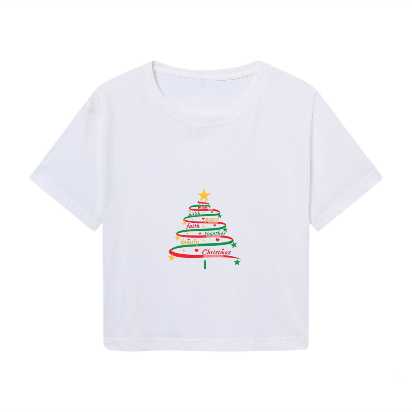 Inspirational Word Art Christmas Tree Faith Family Joy Women Crop Tee