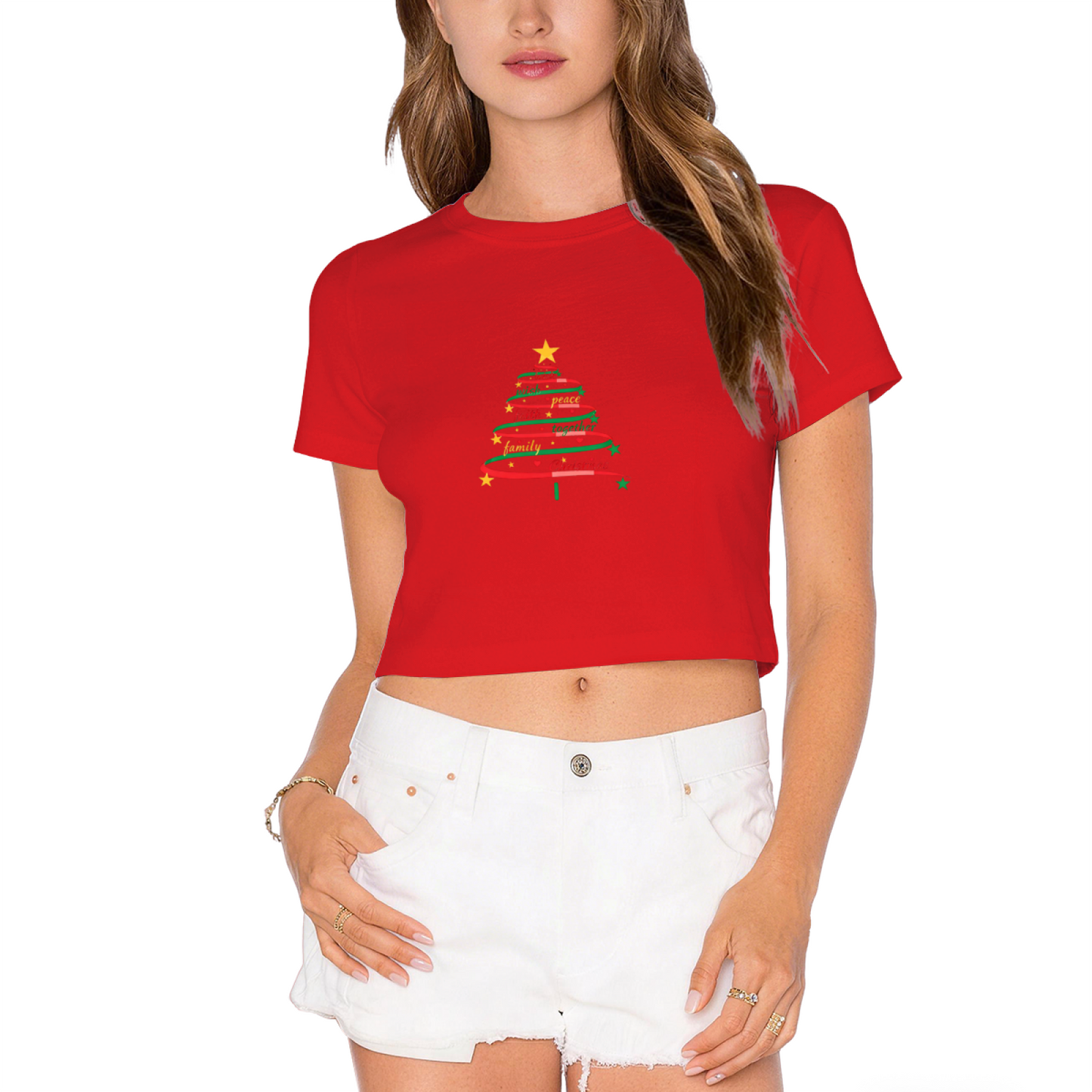 Inspirational Word Art Christmas Tree Faith Family Joy Women Crop Tee
