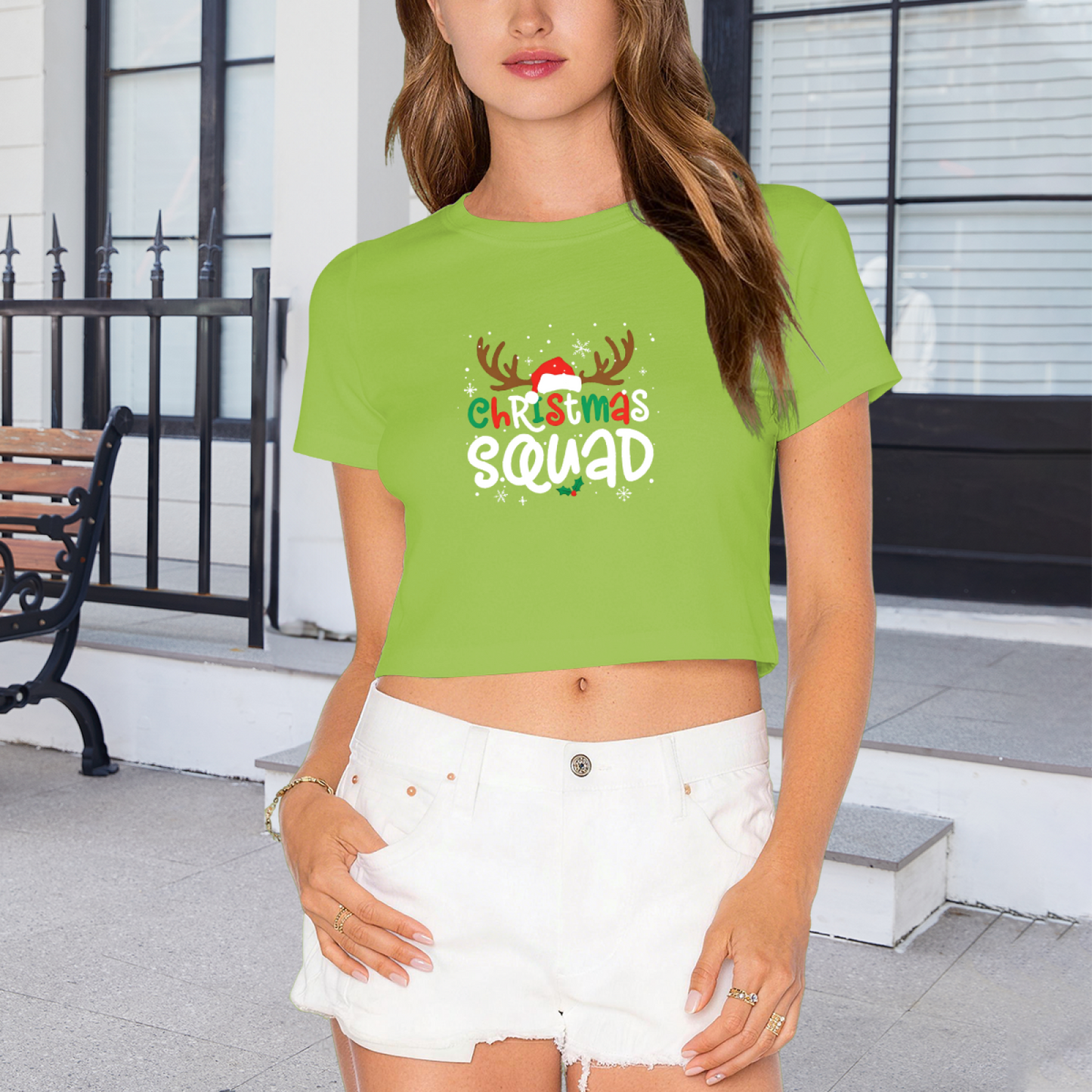Christmas Squad Reindeer Santa Hat Holiday Crop T?Shirt