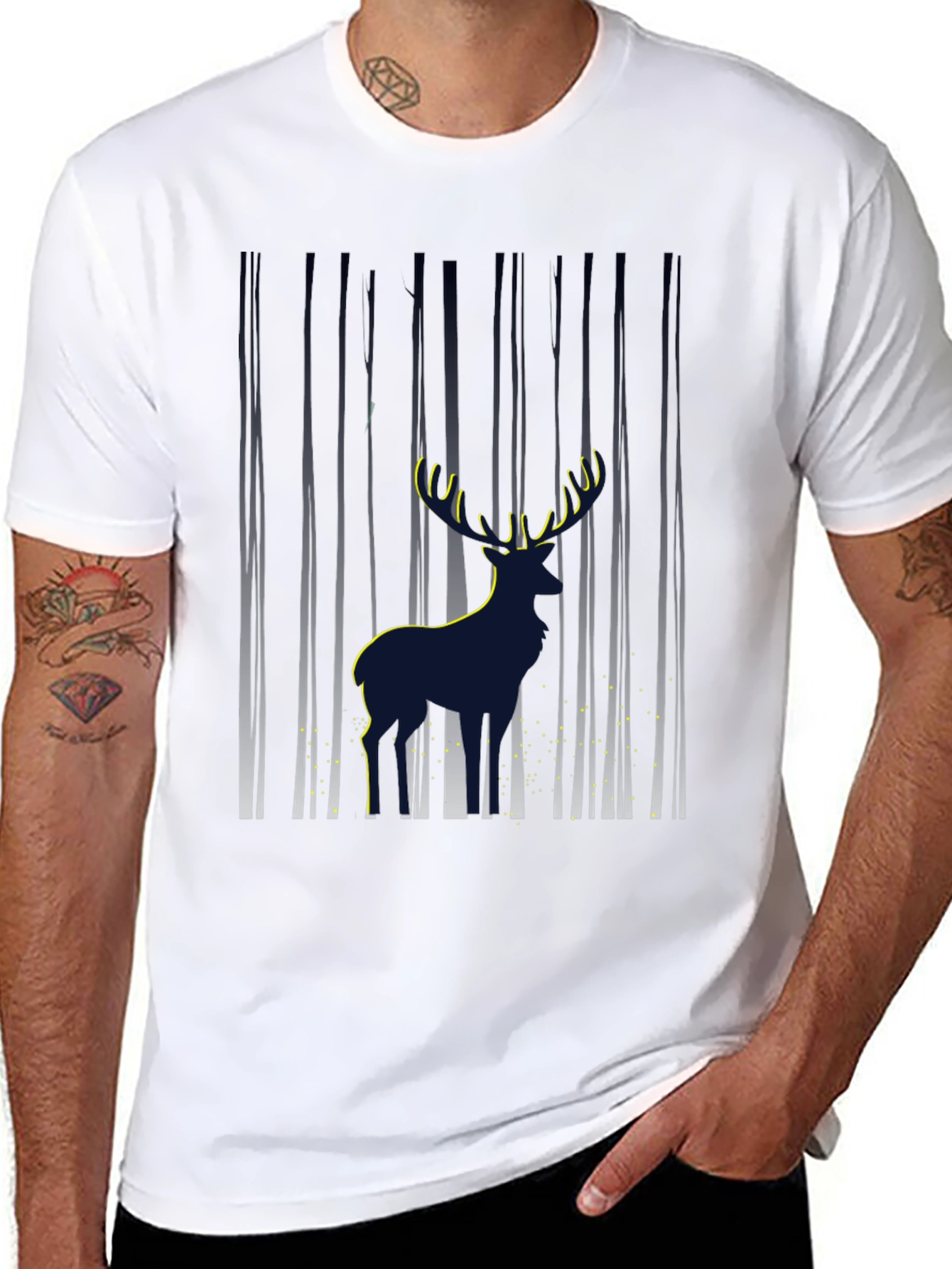 Mens Deer in Forest Graphic Black T-Shirt