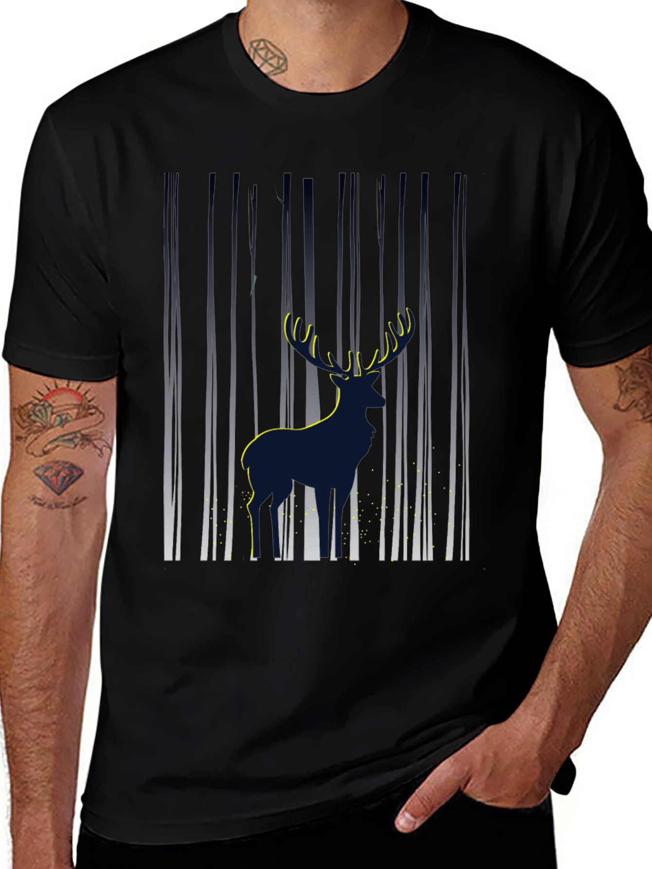 Mens Deer in Forest Graphic Black T-Shirt