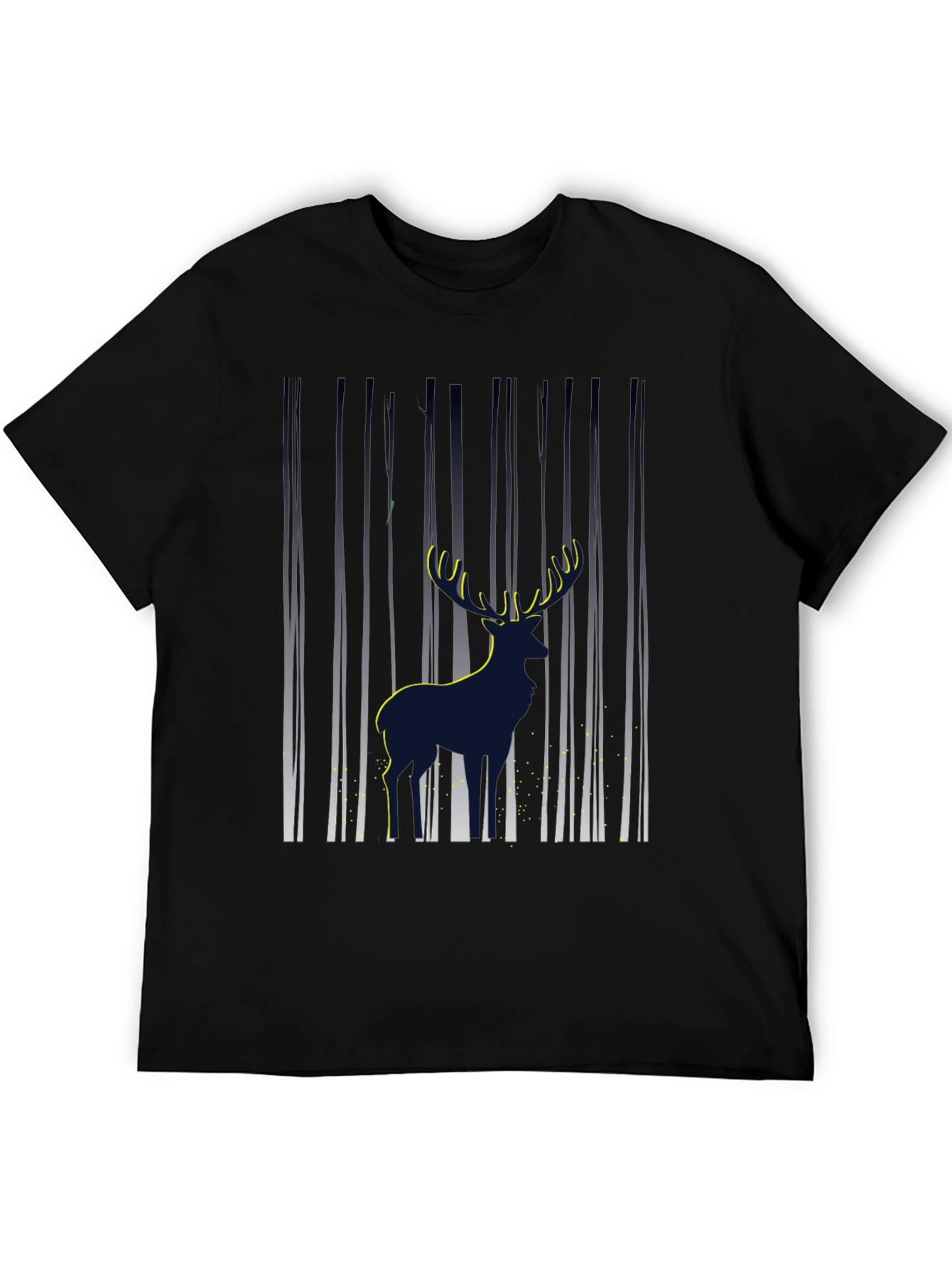 Mens Deer in Forest Graphic Black T-Shirt