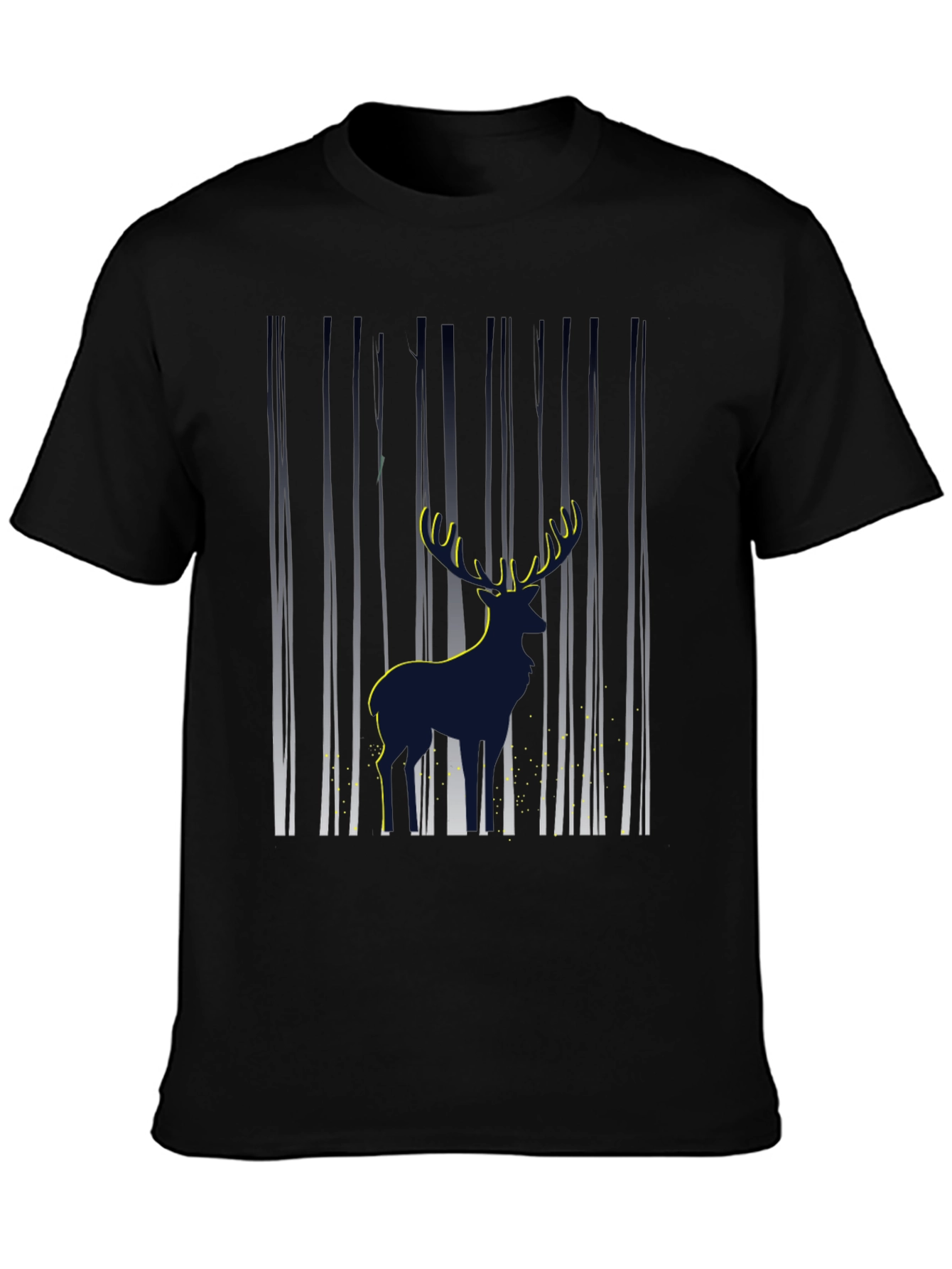 Mens Deer in Forest Graphic Black T-Shirt