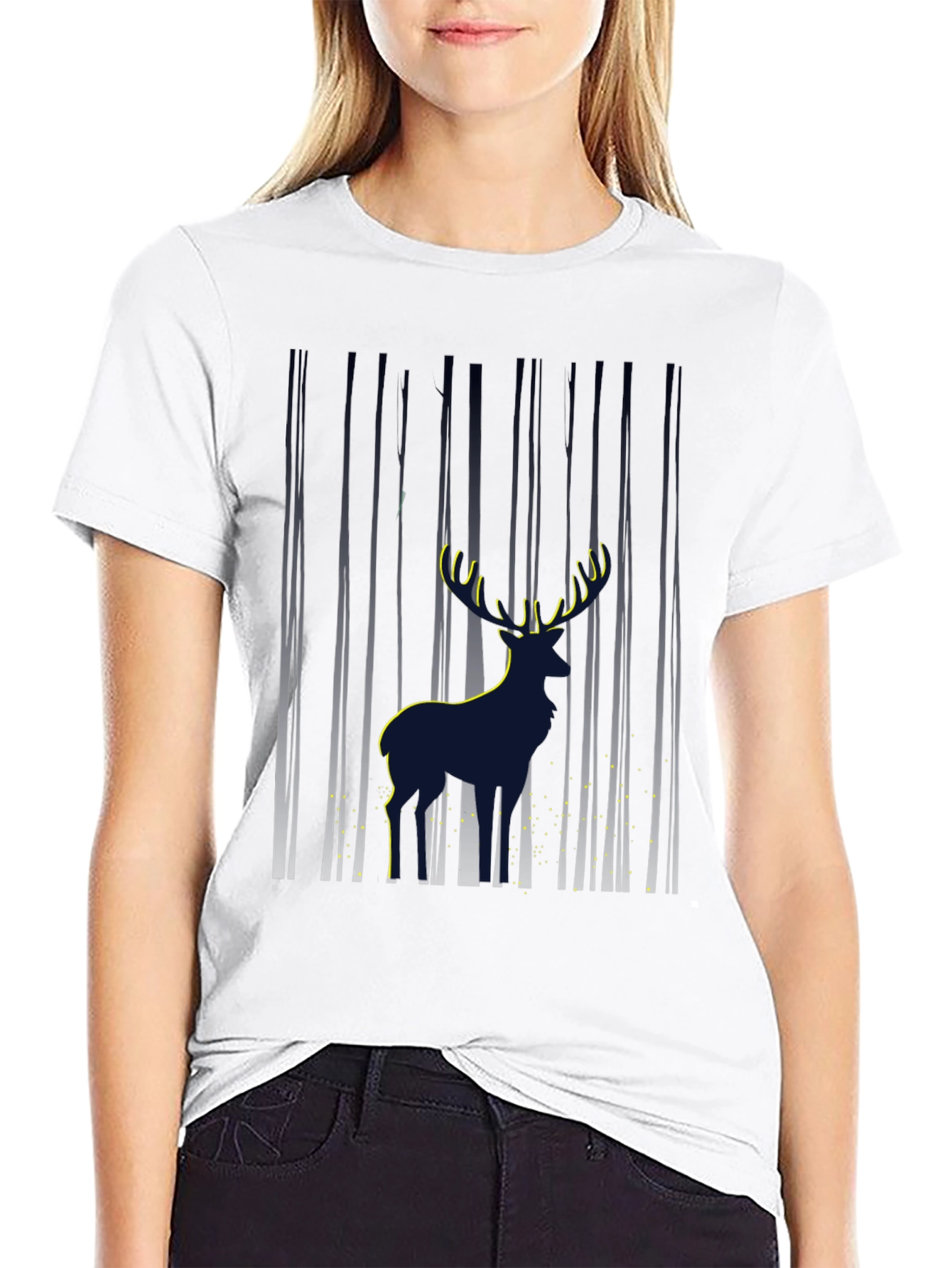 Mens Deer in Forest Graphic Black T-Shirt