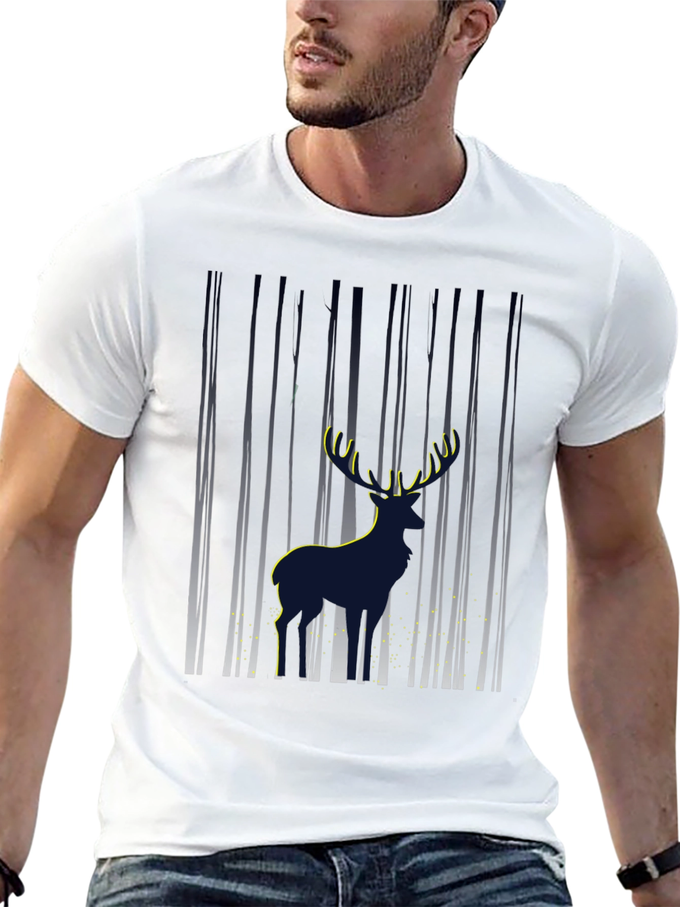 Mens Deer in Forest Graphic Black T-Shirt