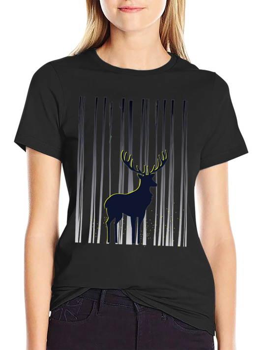 Mens Deer in Forest Graphic Black T-Shirt